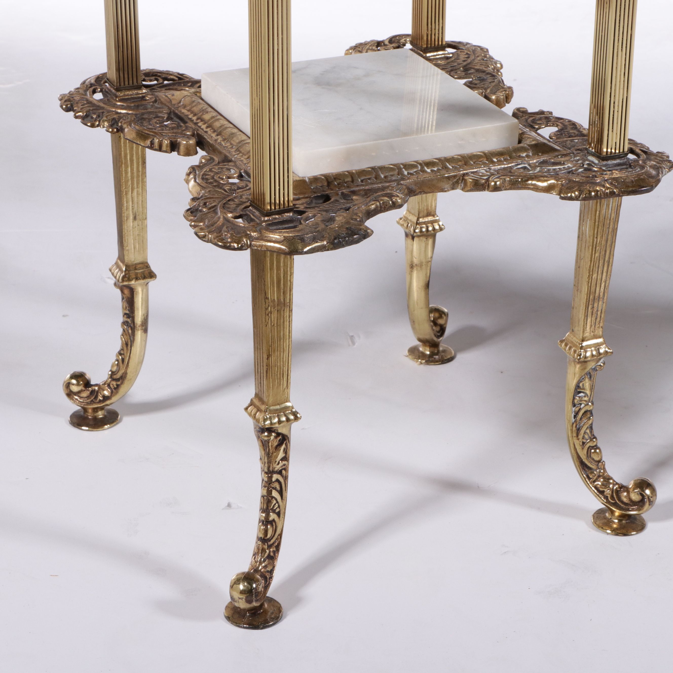 Pair of Victorian Style Three-Tier Brass and Marble Stands, Mid to Late 20th C.