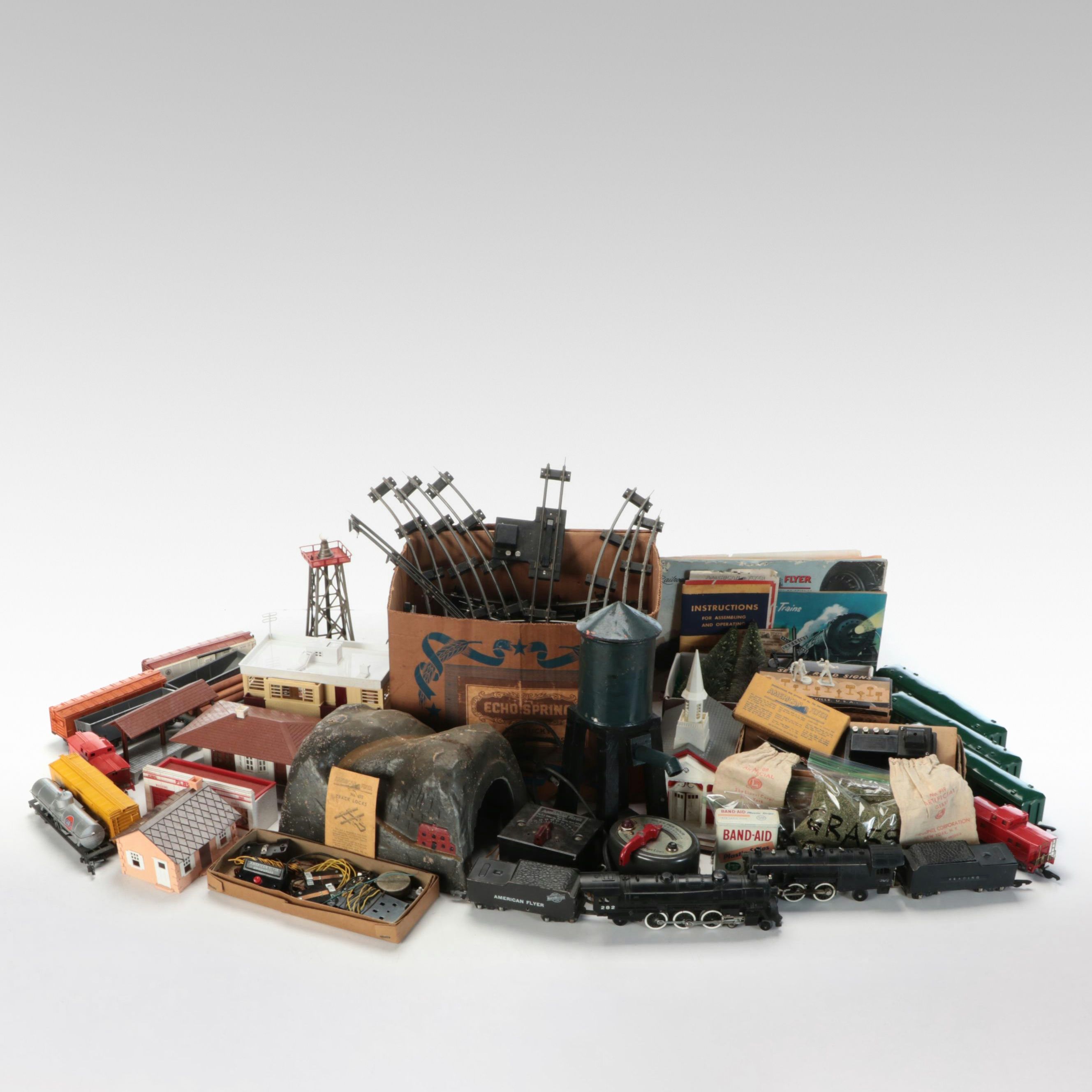 American Flyer Locomotive with Train Cars, Buildings and Accessories