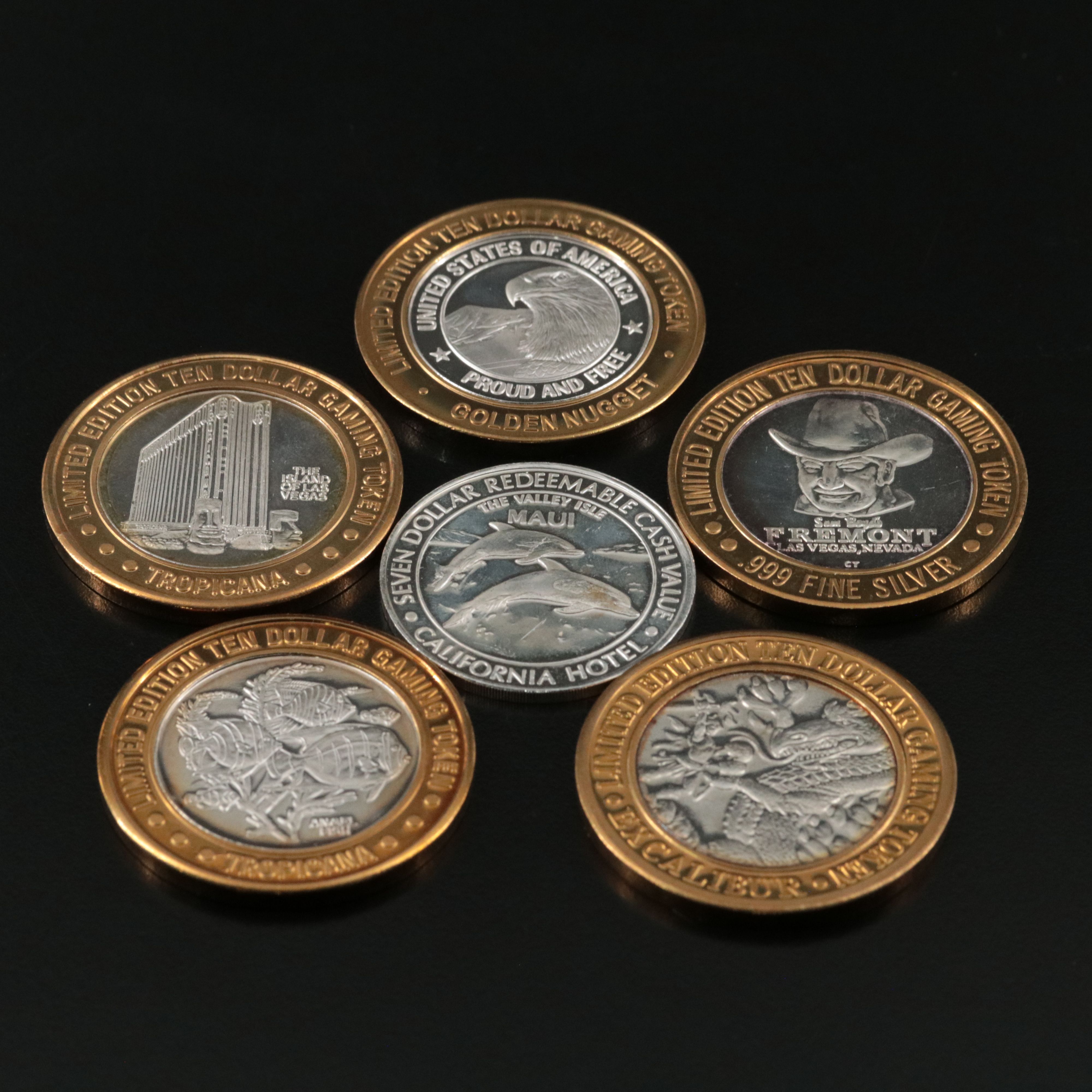 Thirteen Fine Silver Casino $10 Gaming Tokens, & One Fine Silver $7 Gaming Token
