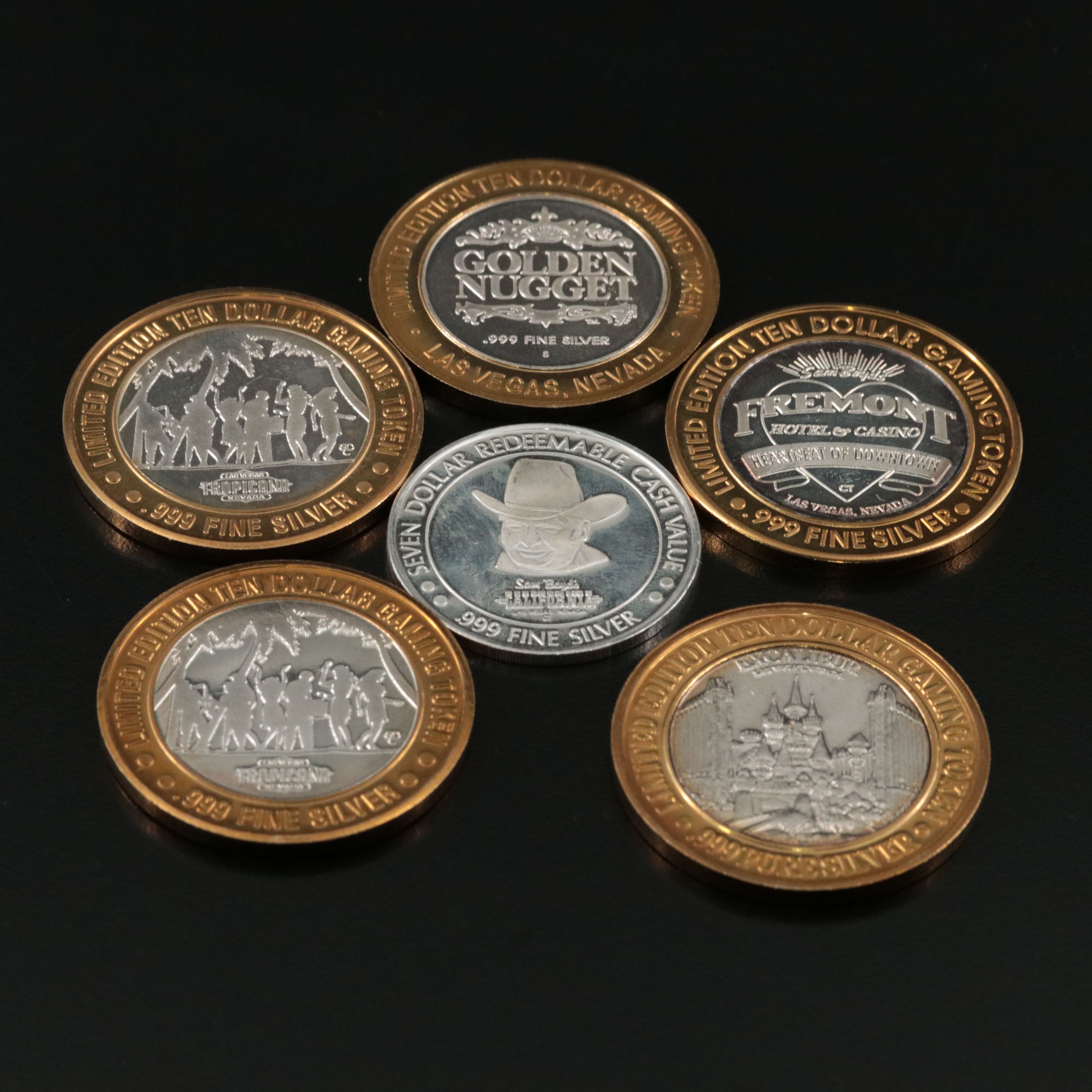 Thirteen Fine Silver Casino $10 Gaming Tokens, & One Fine Silver $7 Gaming Token