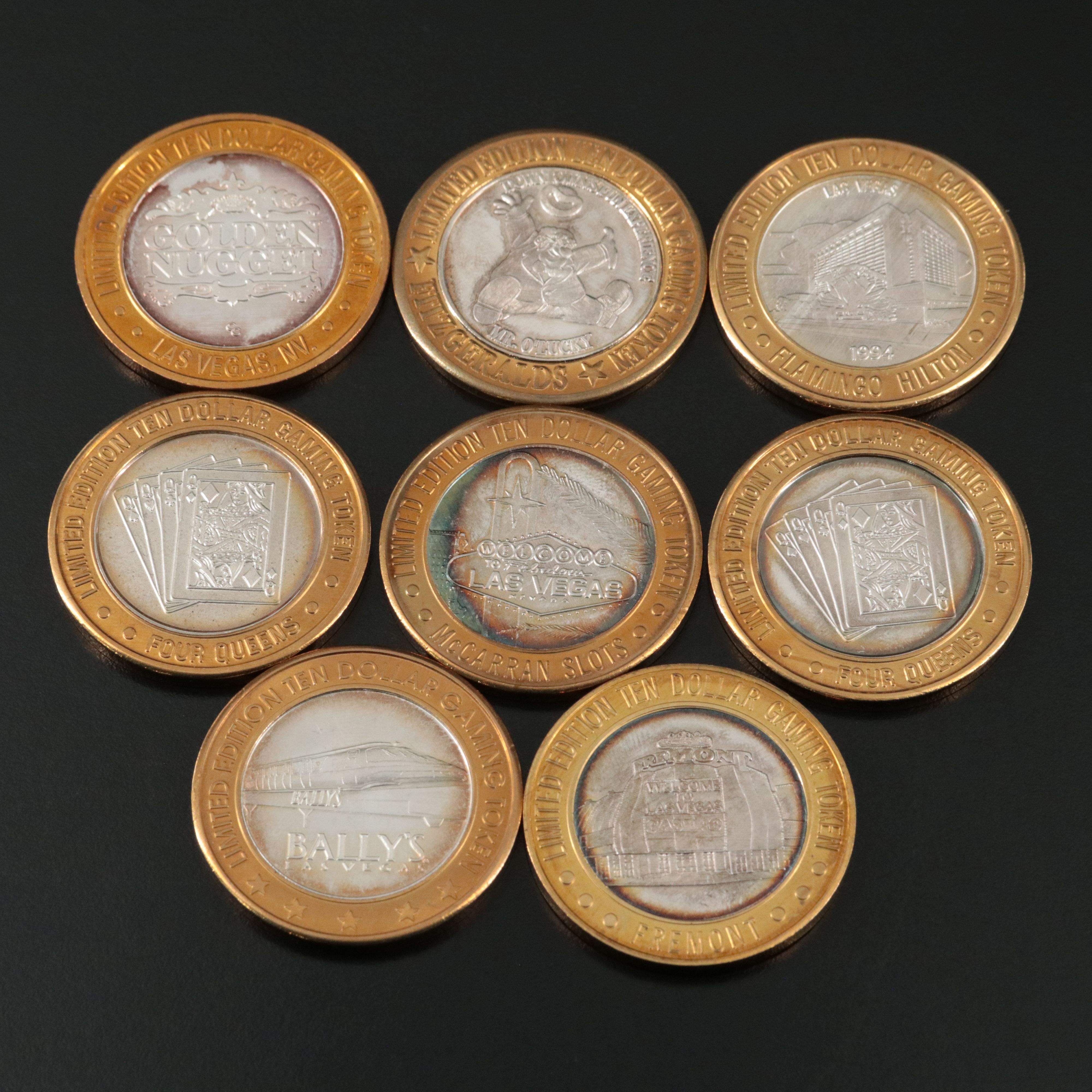 Thirteen Fine Silver Casino $10 Gaming Tokens, & One Fine Silver $7 Gaming Token