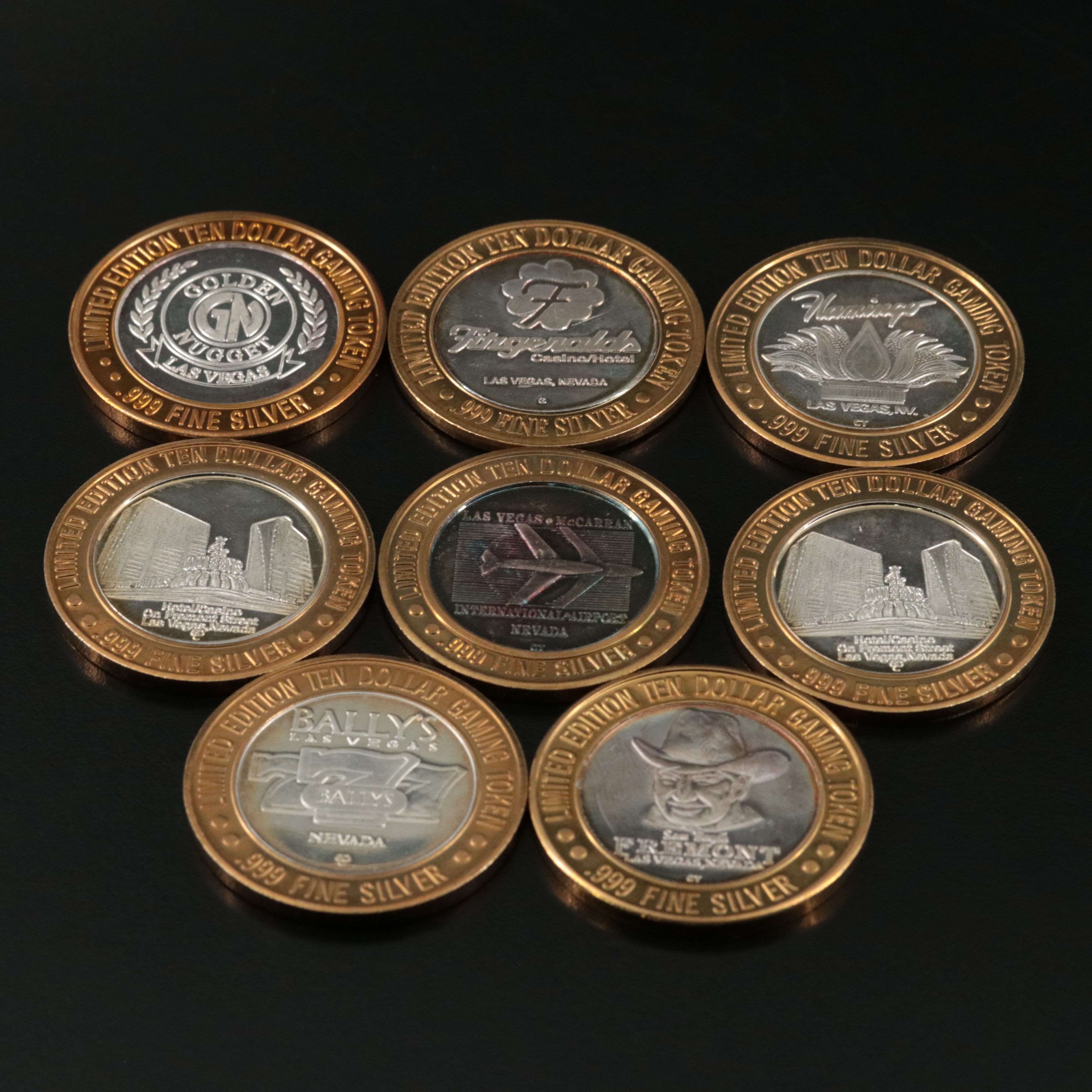 Thirteen Fine Silver Casino $10 Gaming Tokens, & One Fine Silver $7 Gaming Token