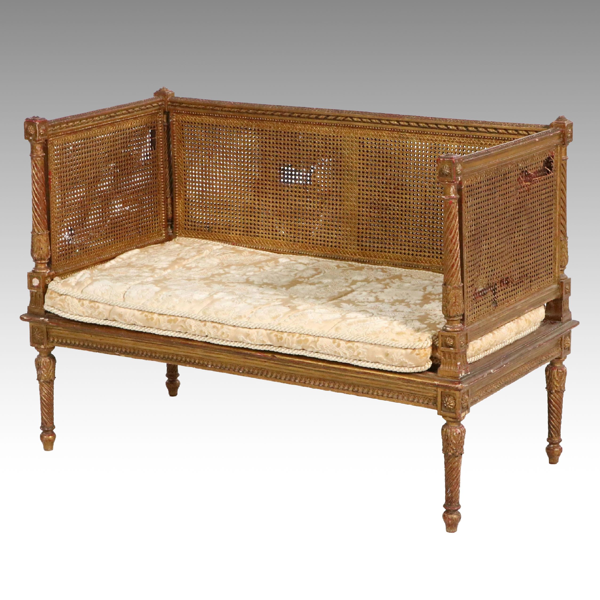 French Louis XVI Style Giltwood and Caned Canapé à Oreilles Settee, Late 19th C.