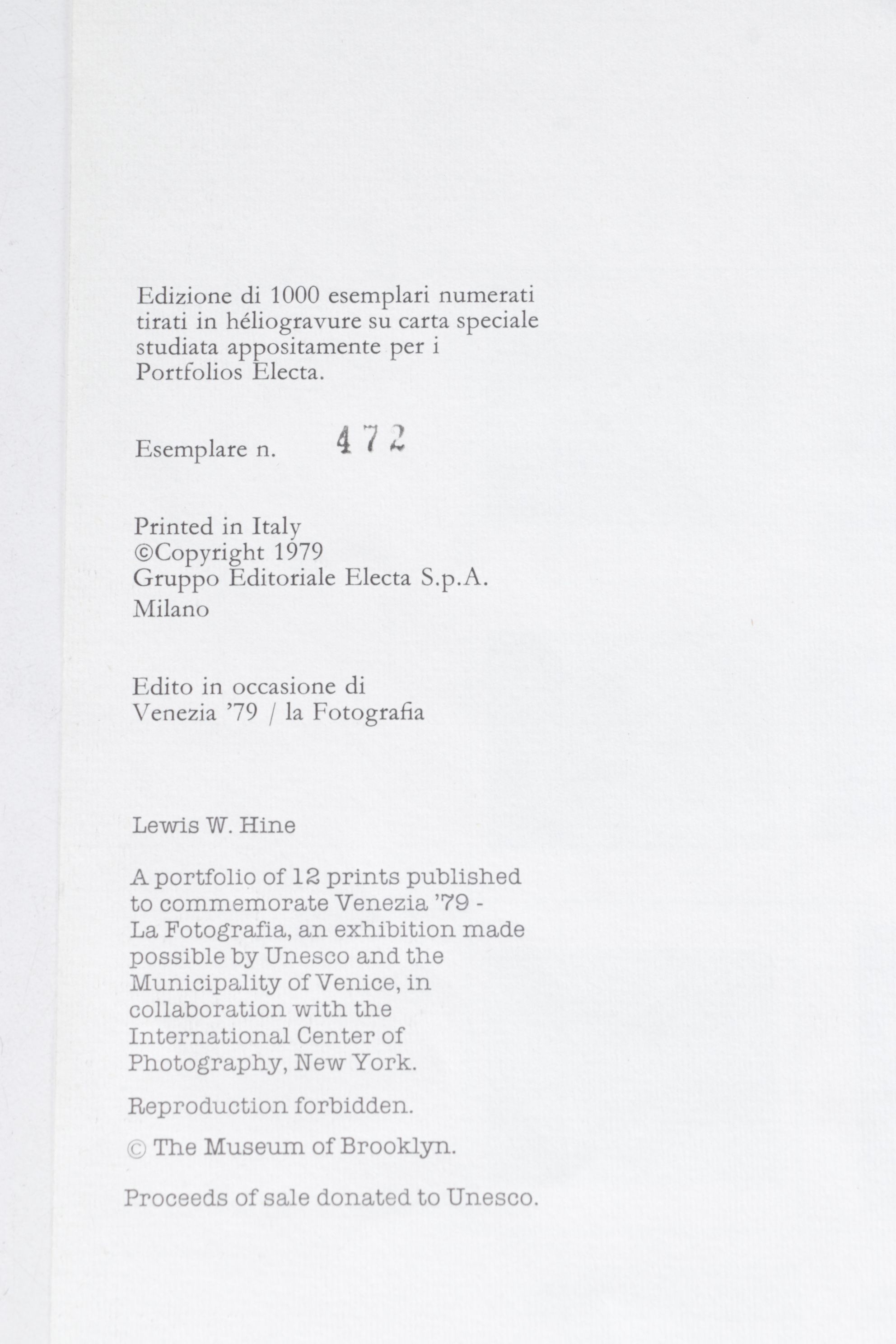 Lewis W. Hine Rotogravure Photograph Portfolio "Electra Editrice" , 1979