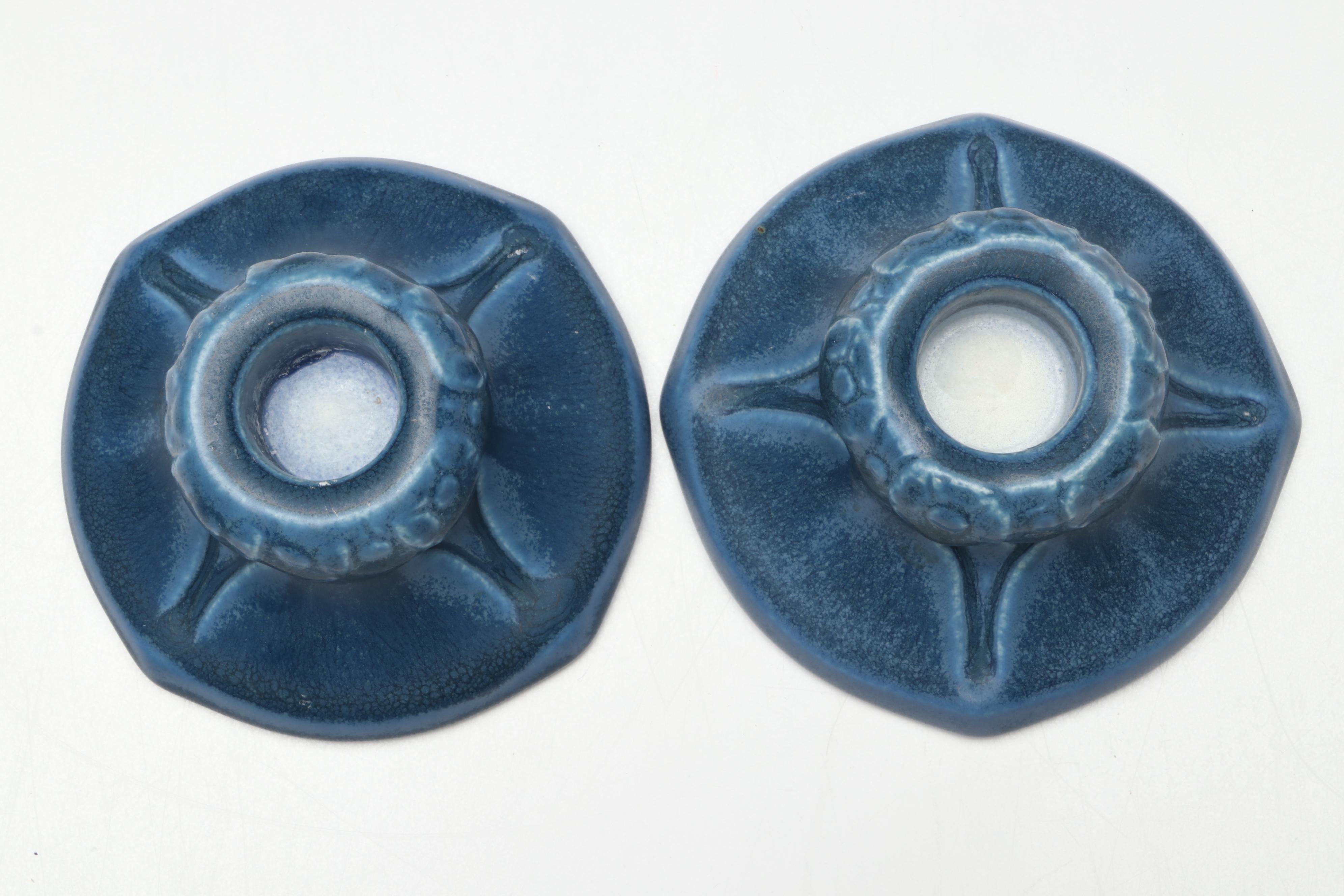 Rookwood Pottery Arts and Crafts Blue Matte Candlesticks, 1928 & 1929