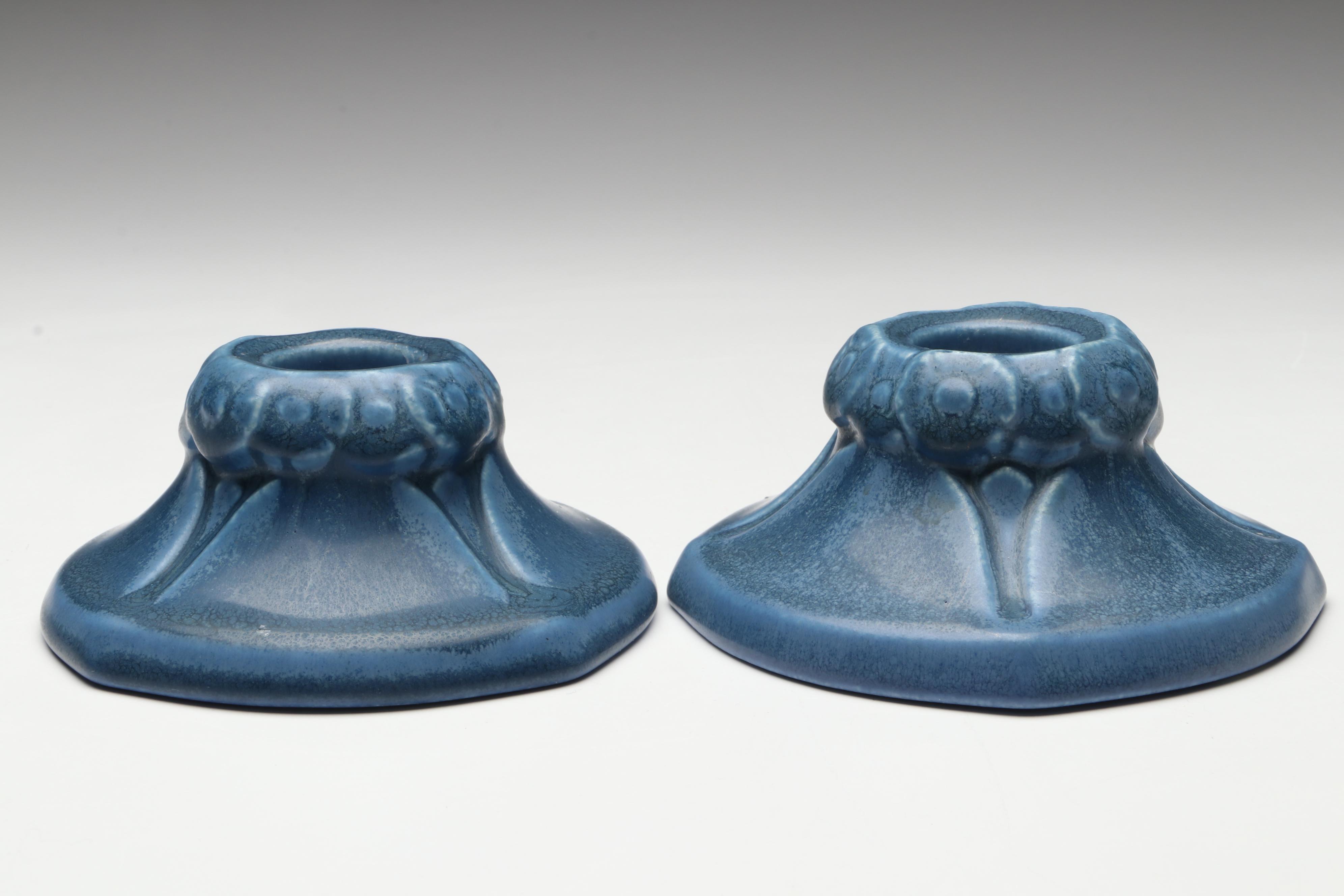 Rookwood Pottery Arts and Crafts Blue Matte Candlesticks, 1928 & 1929