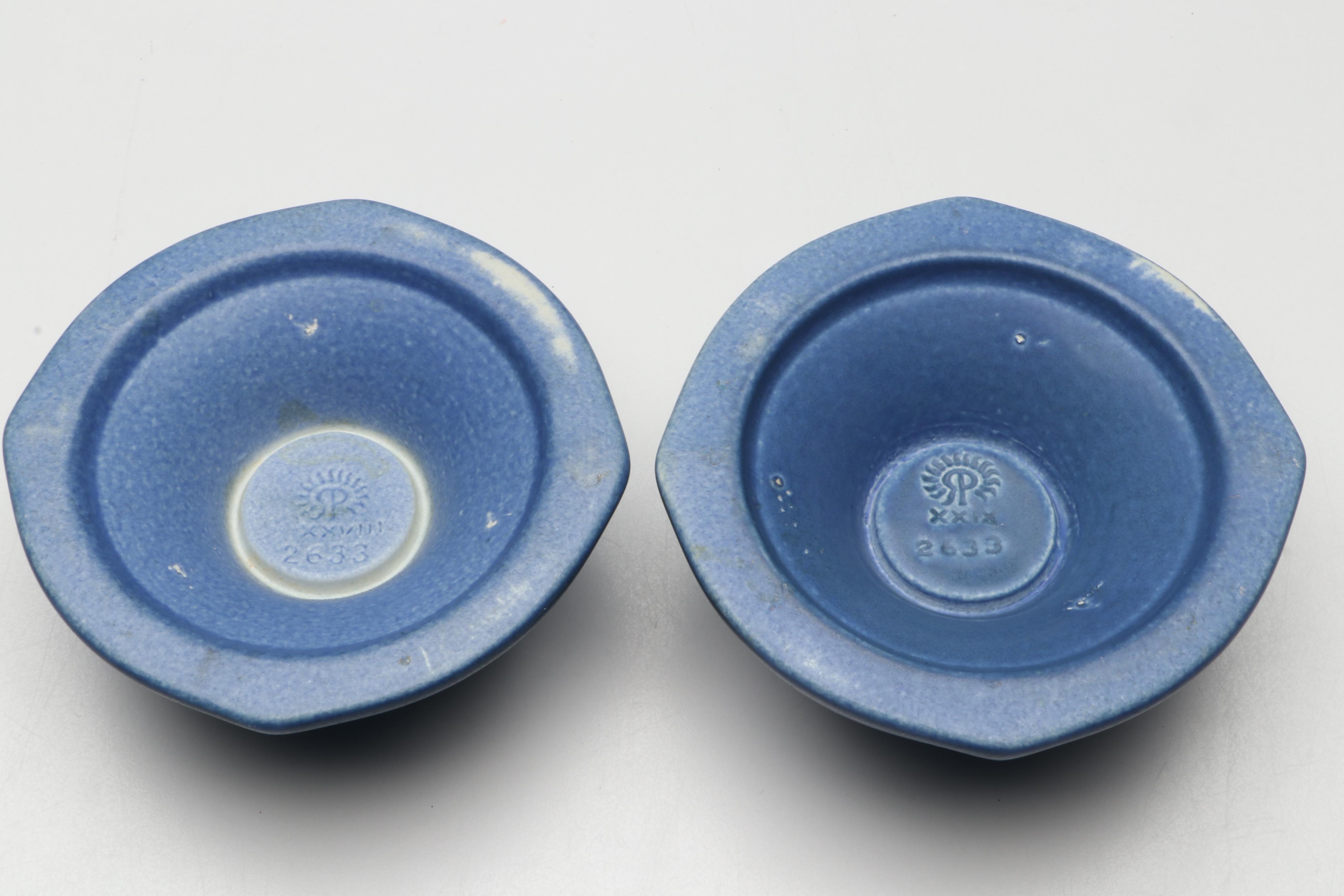 Rookwood Pottery Arts and Crafts Blue Matte Candlesticks, 1928 & 1929