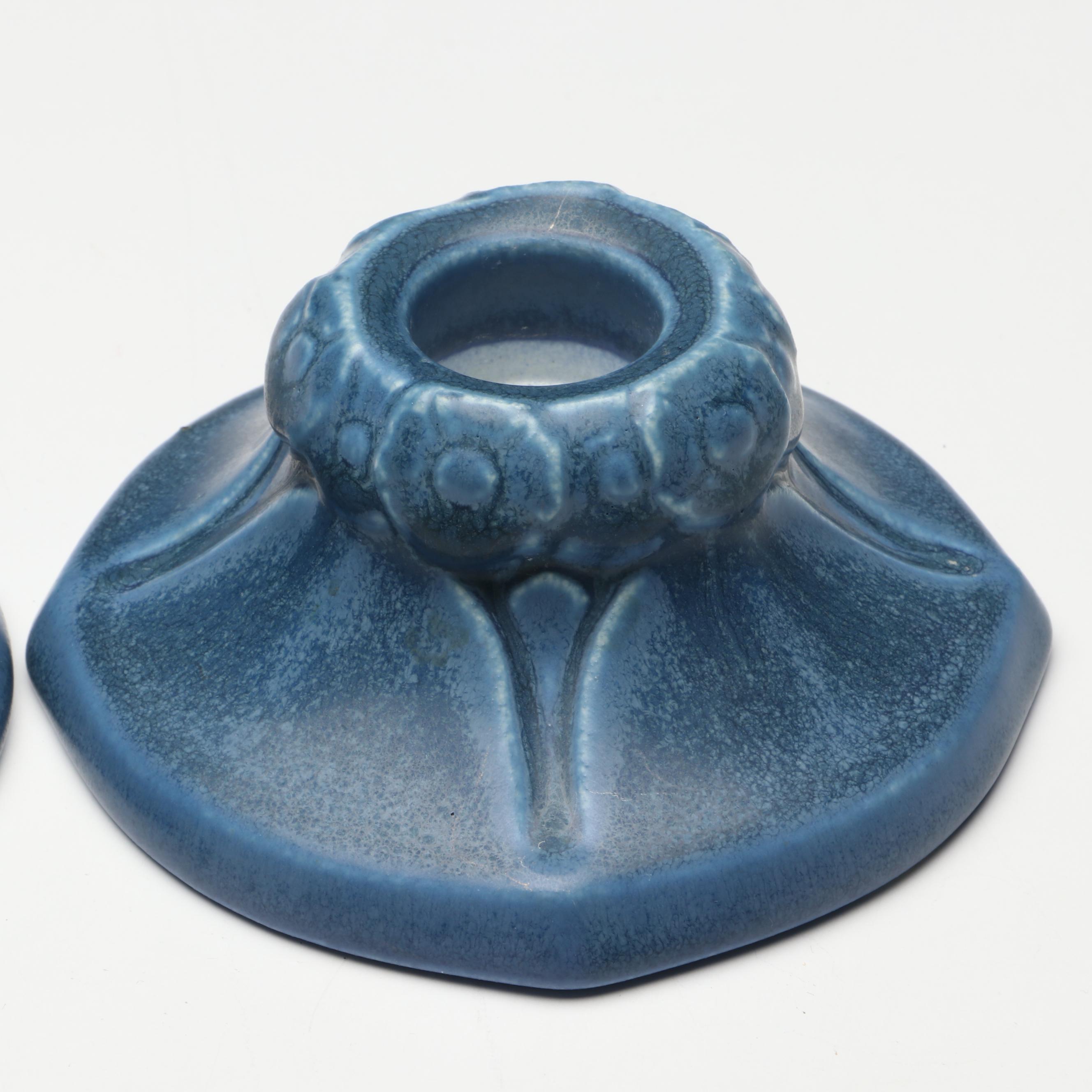 Rookwood Pottery Arts and Crafts Blue Matte Candlesticks, 1928 & 1929