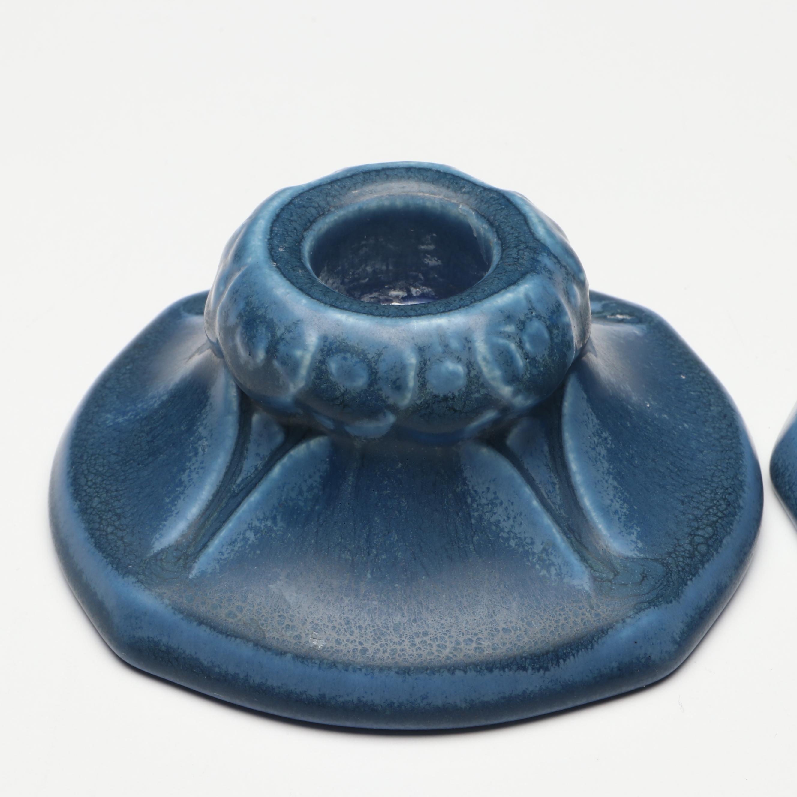 Rookwood Pottery Arts and Crafts Blue Matte Candlesticks, 1928 & 1929