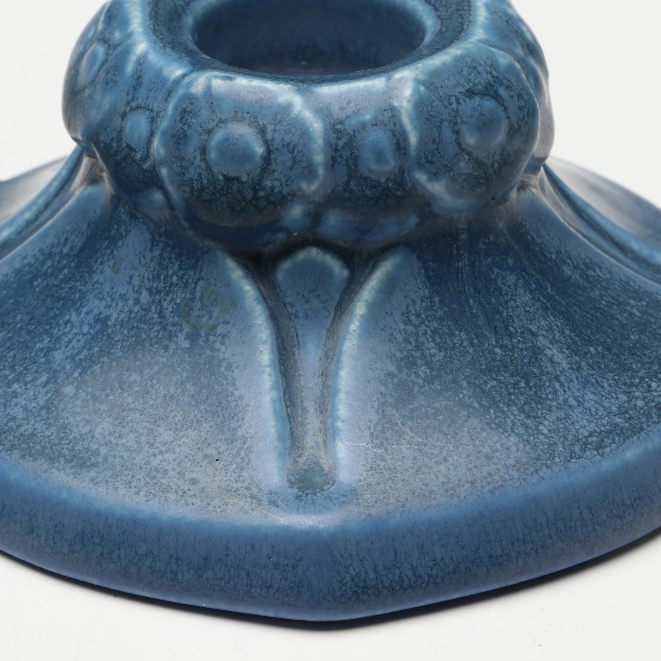 Rookwood Pottery Arts and Crafts Blue Matte Candlesticks, 1928 & 1929