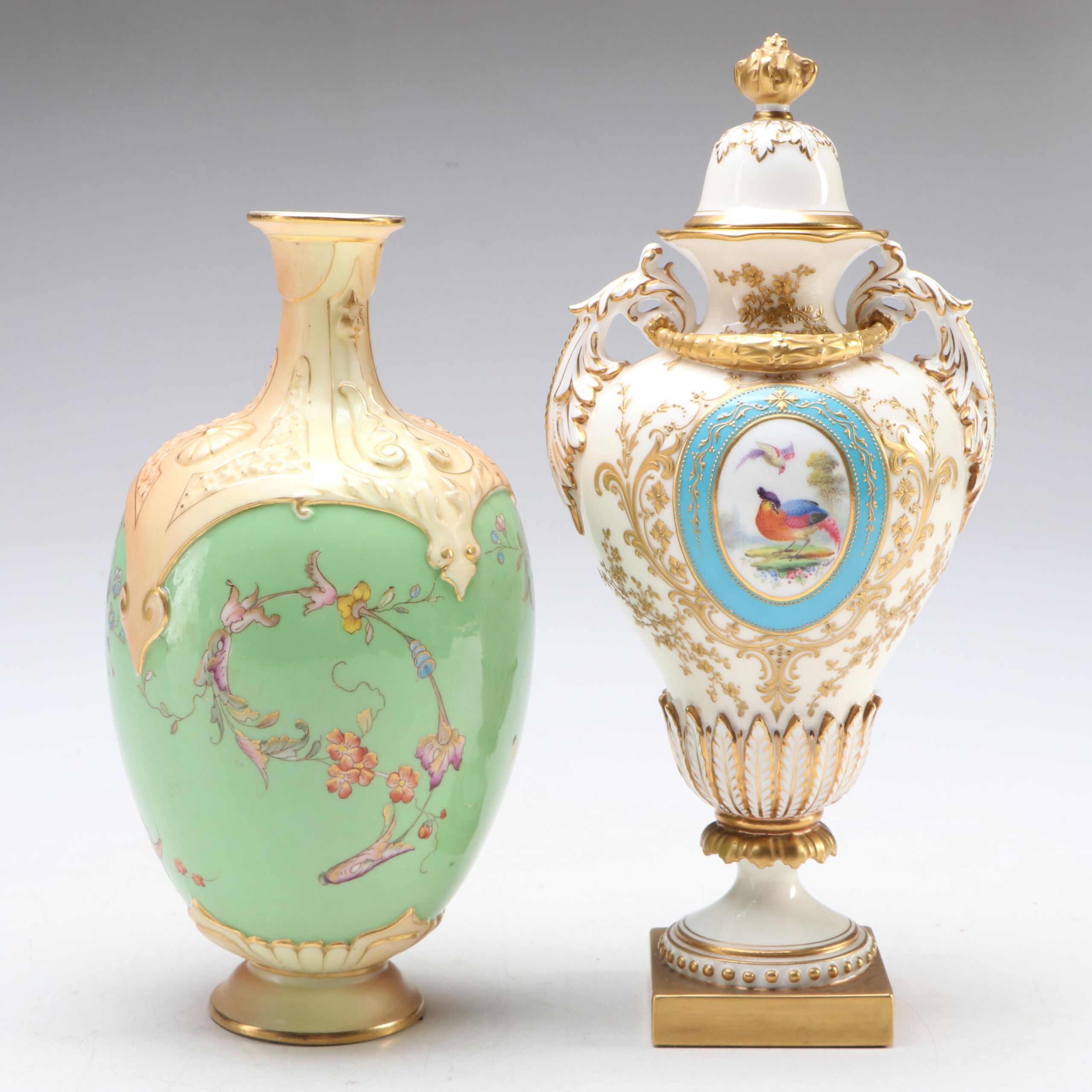 Royal Worcester English Gilt Porcelain Vase and Lidded Urn