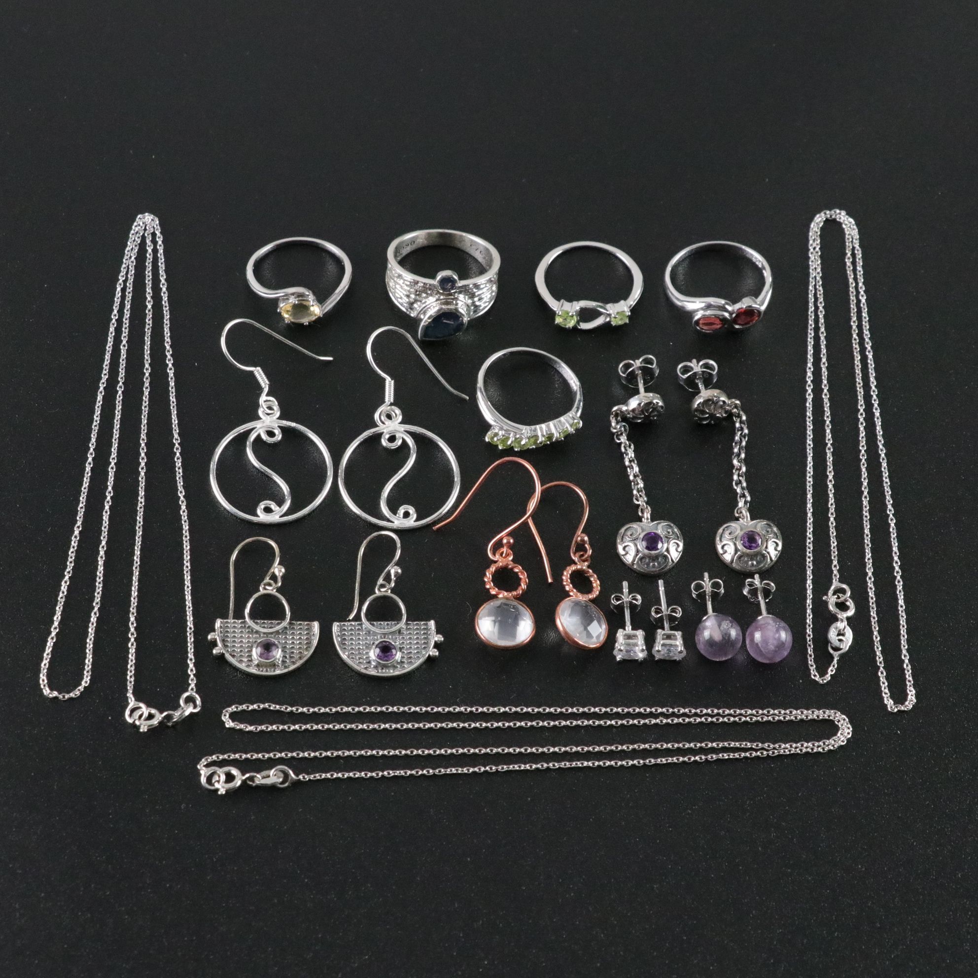 14 Assorted Sterling Silver Rings, Necklaces and Earrings