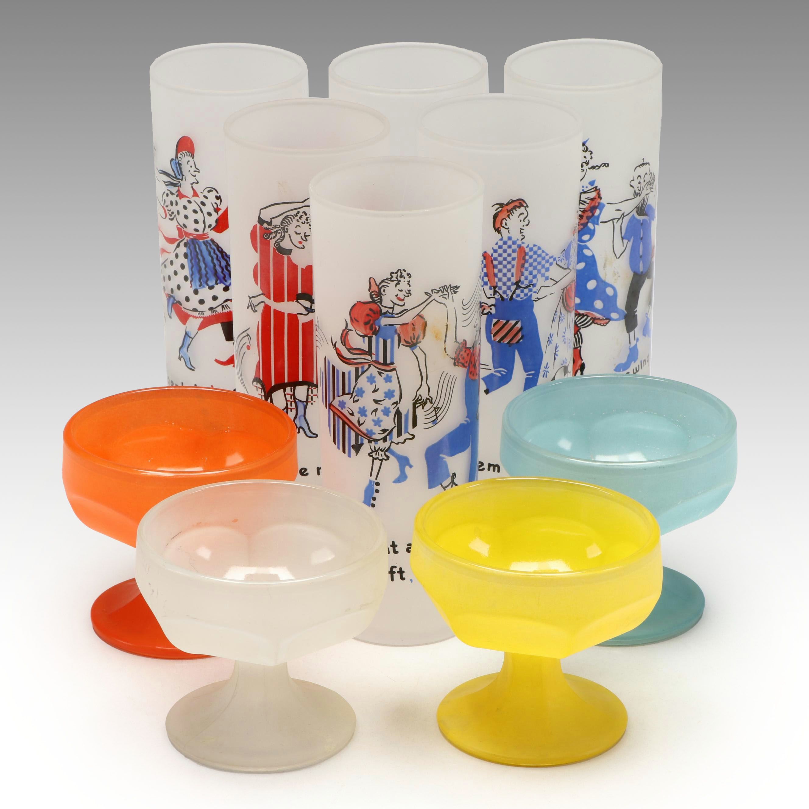 Vintage Federal Glass Frosted Glass Square Dancing Highballs and Sherbet Cups