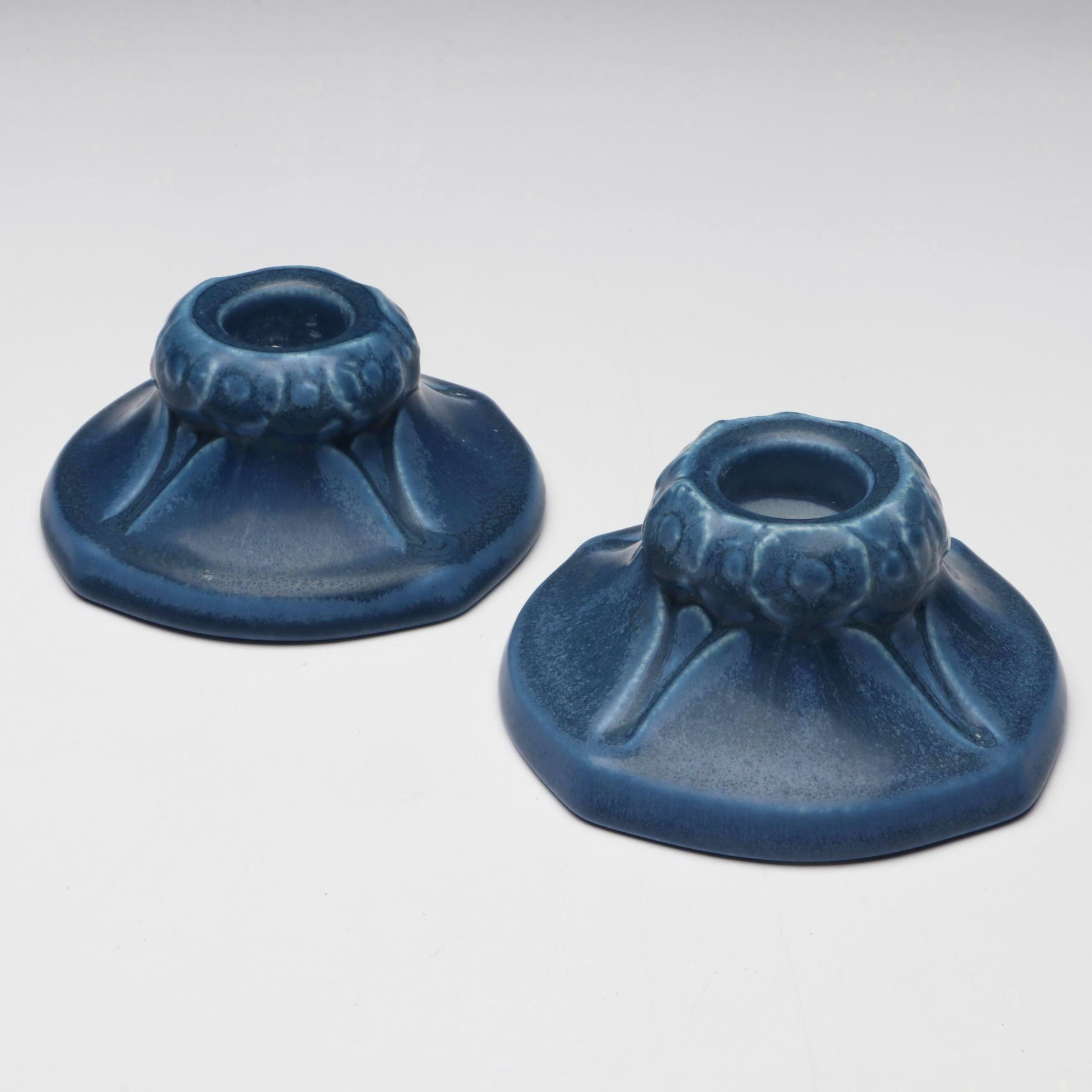 Rookwood Pottery Arts and Crafts Blue Matte Candlesticks, 1928 & 1929
