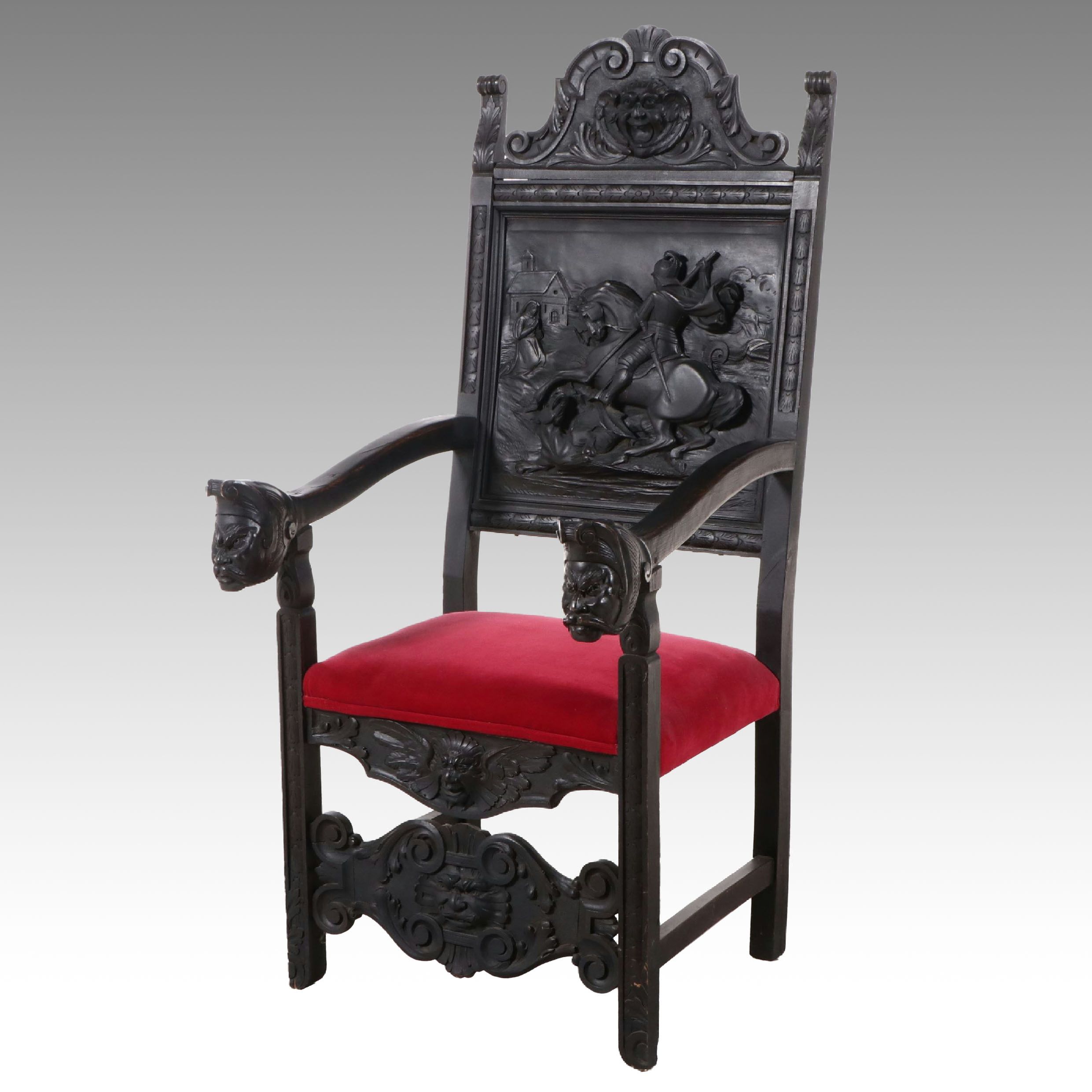German Renaissance Revival Carved Armchair Depicting St. George and the Dragon