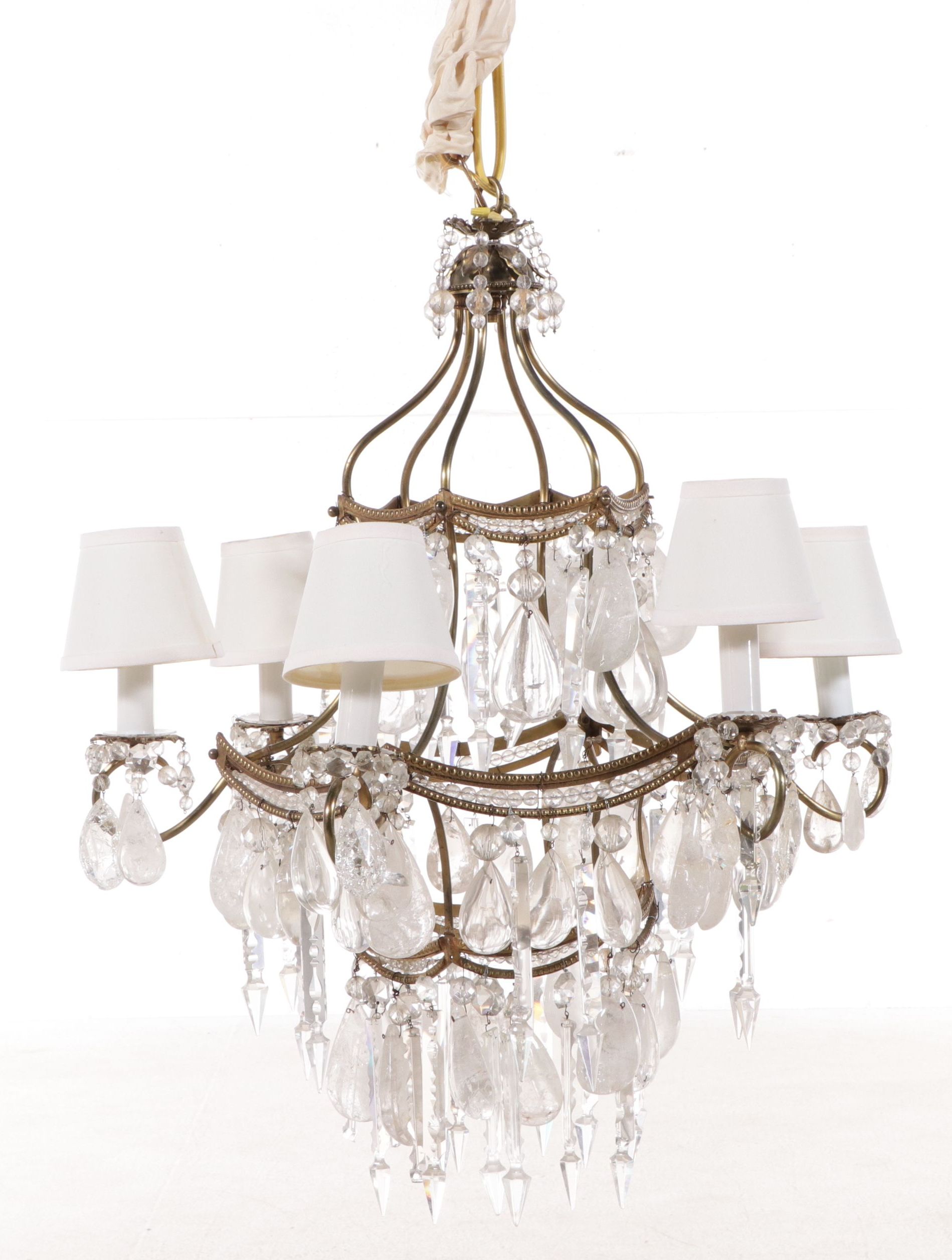 Maison Bagues Style Brass and Carved Rock Crystal Six-Light Chandelier