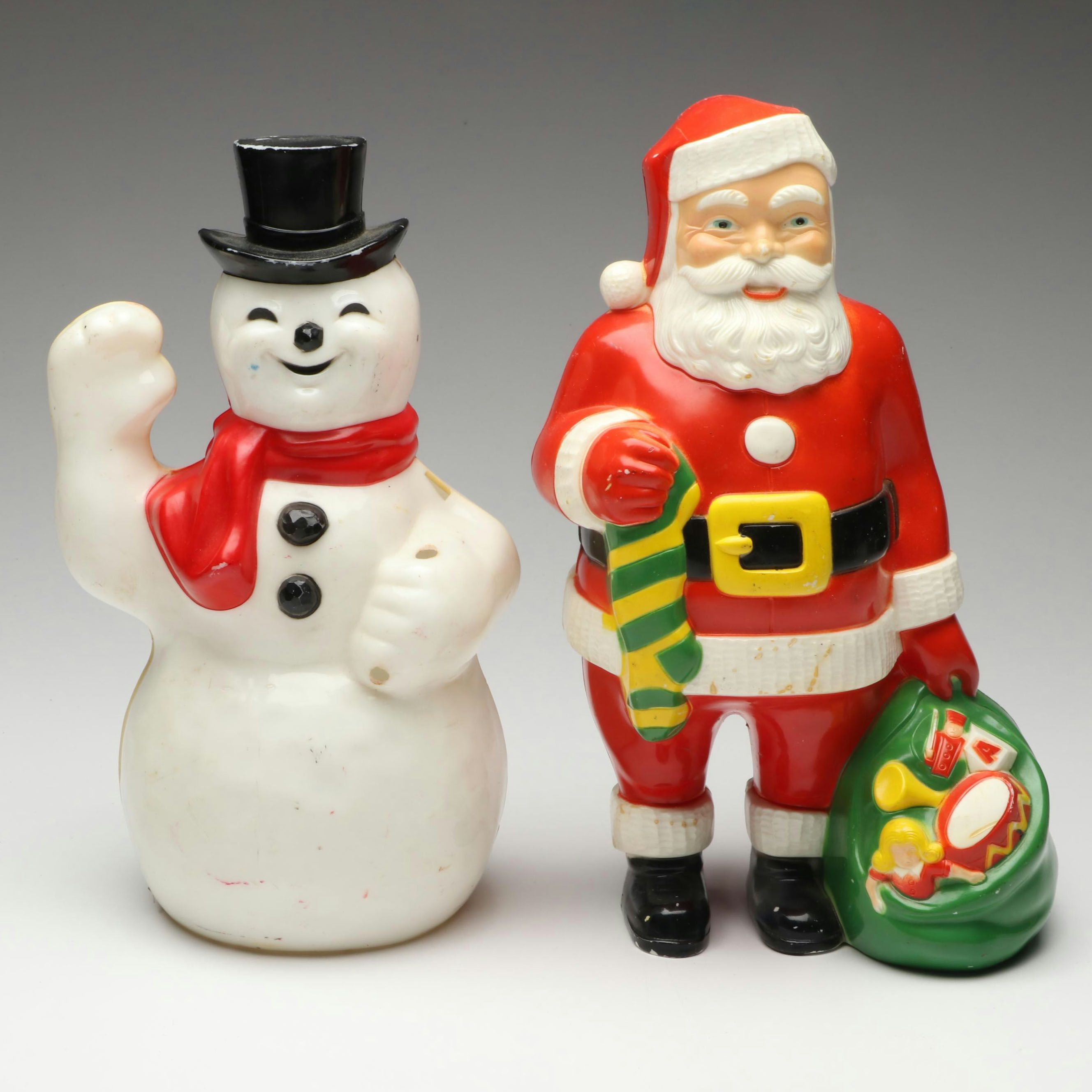 Santa Claus and Snowman Plastic Blow Mold Figures, Mid to Late 20th Century