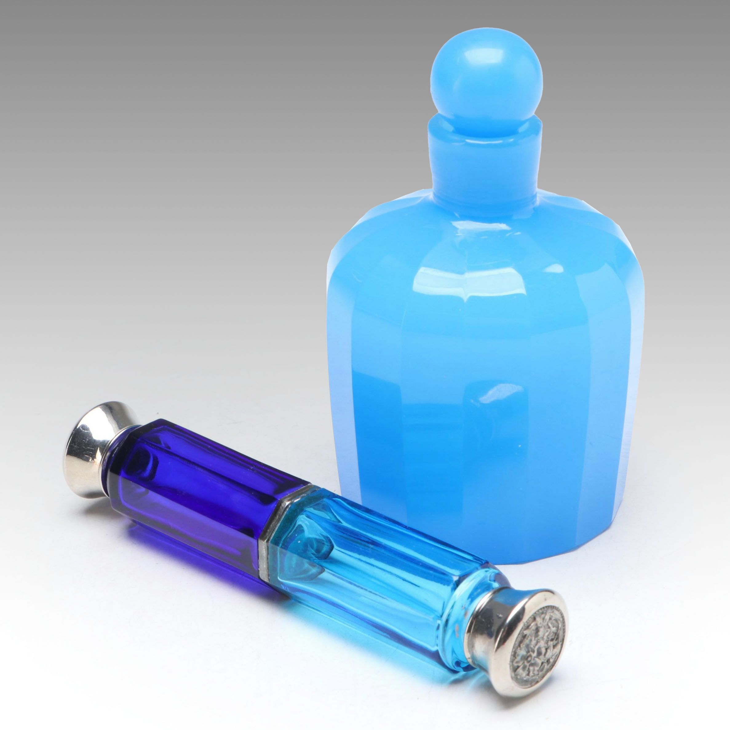 Blue Opaline Glass Perfume Bottle with Victorian Double-Ended Scent Bottle