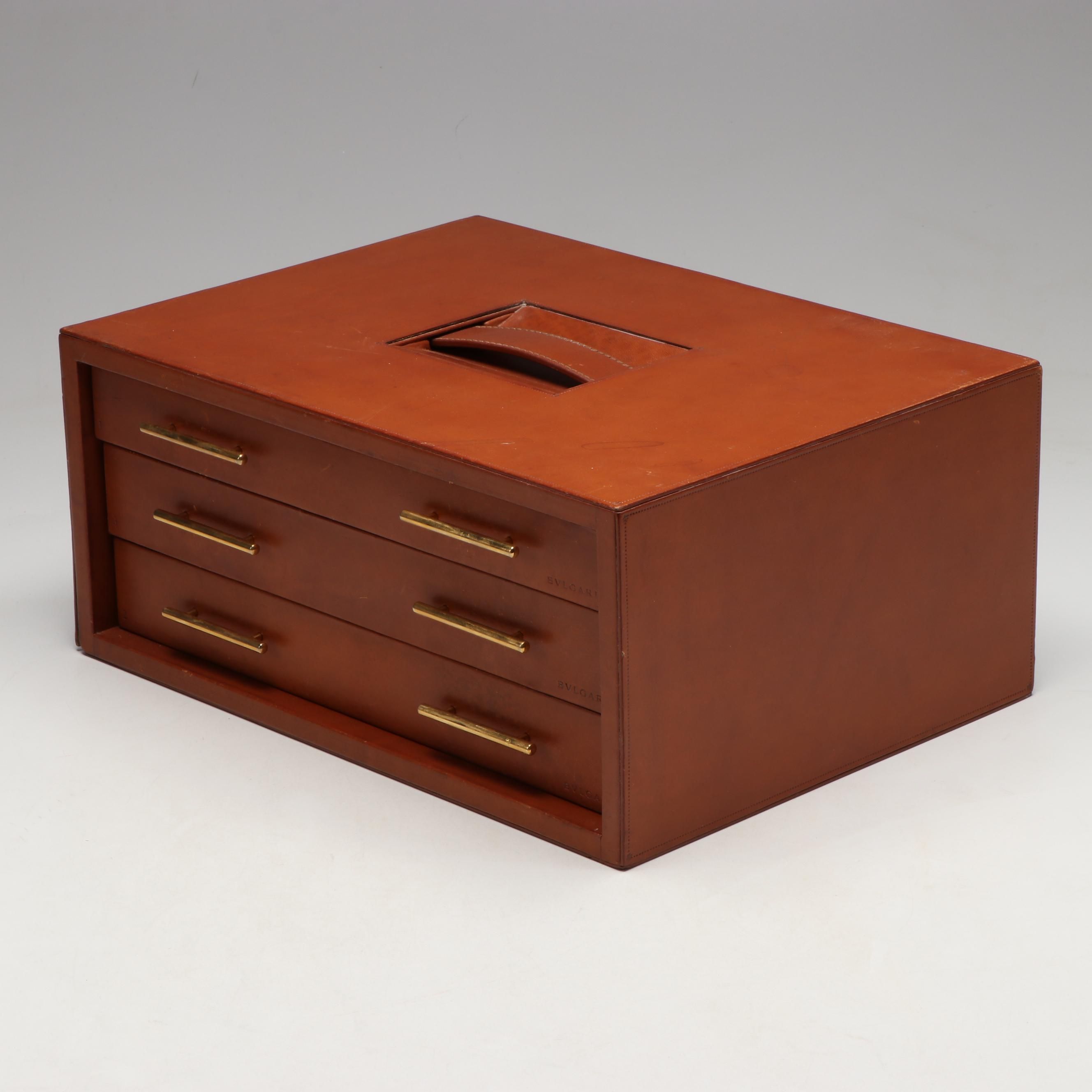 Bvlgari Leather Bound Wood Jewelry Box