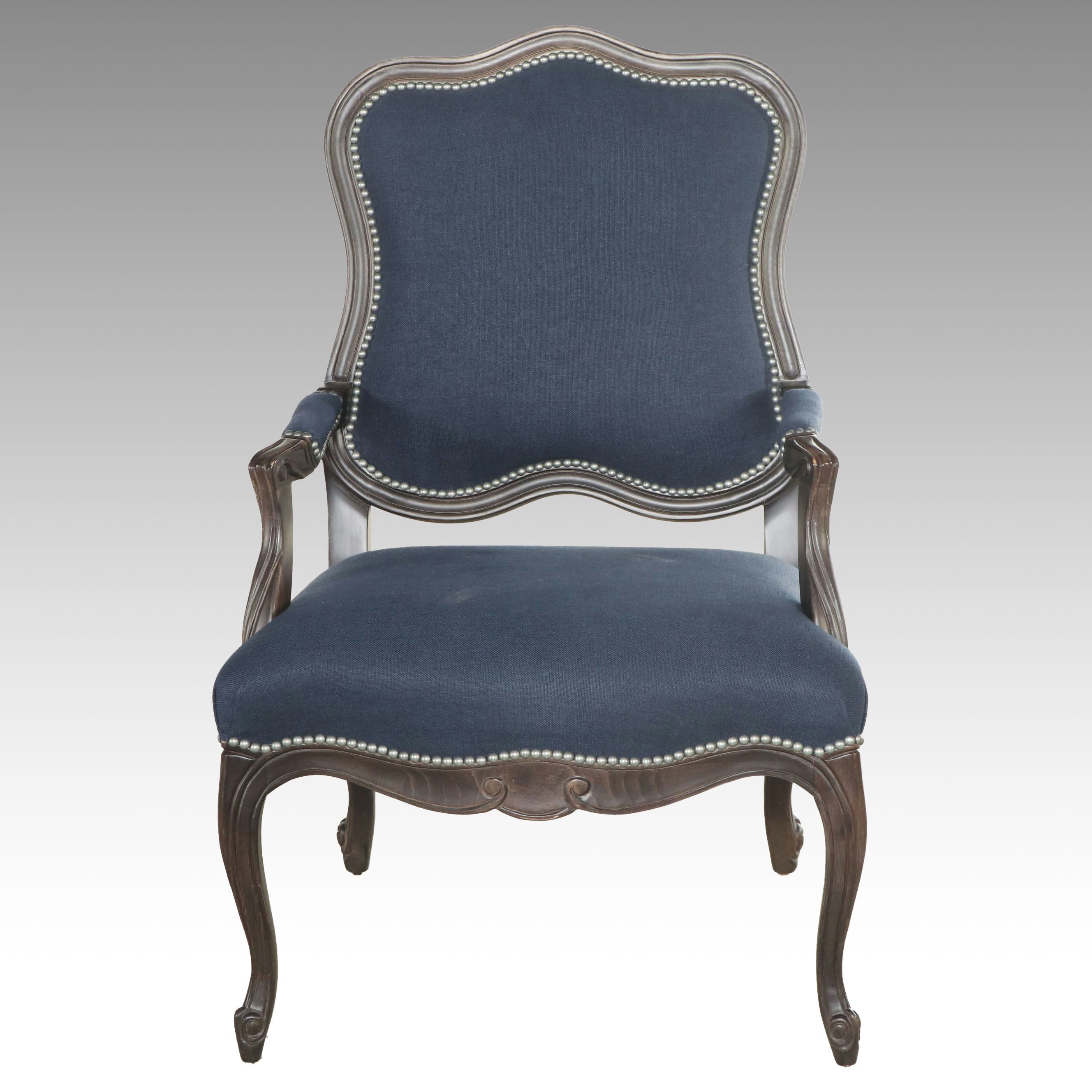 Contemporary Louis XV Style Fabric Upholstered and Ebonized Wood Fauteuil