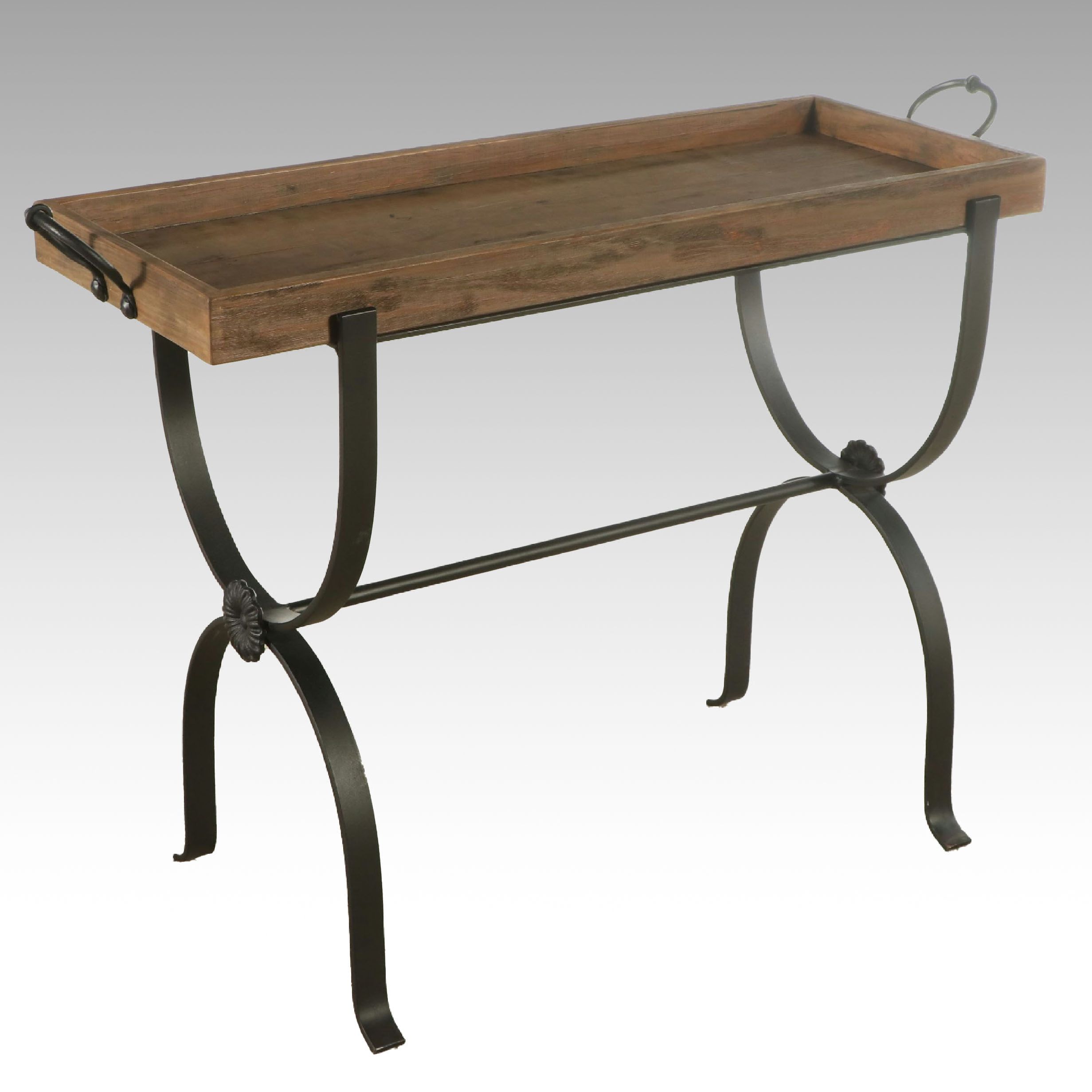 Contemporary Wood Tray Top Metal Curule-Base Table