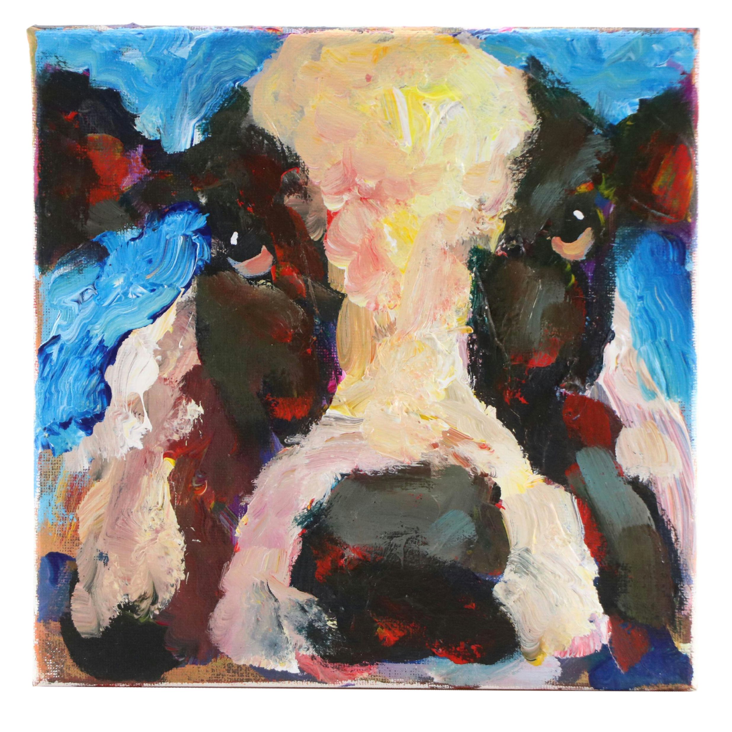 Elle Raines Modern Acrylic Painting of Cow Closeup, 21st Century