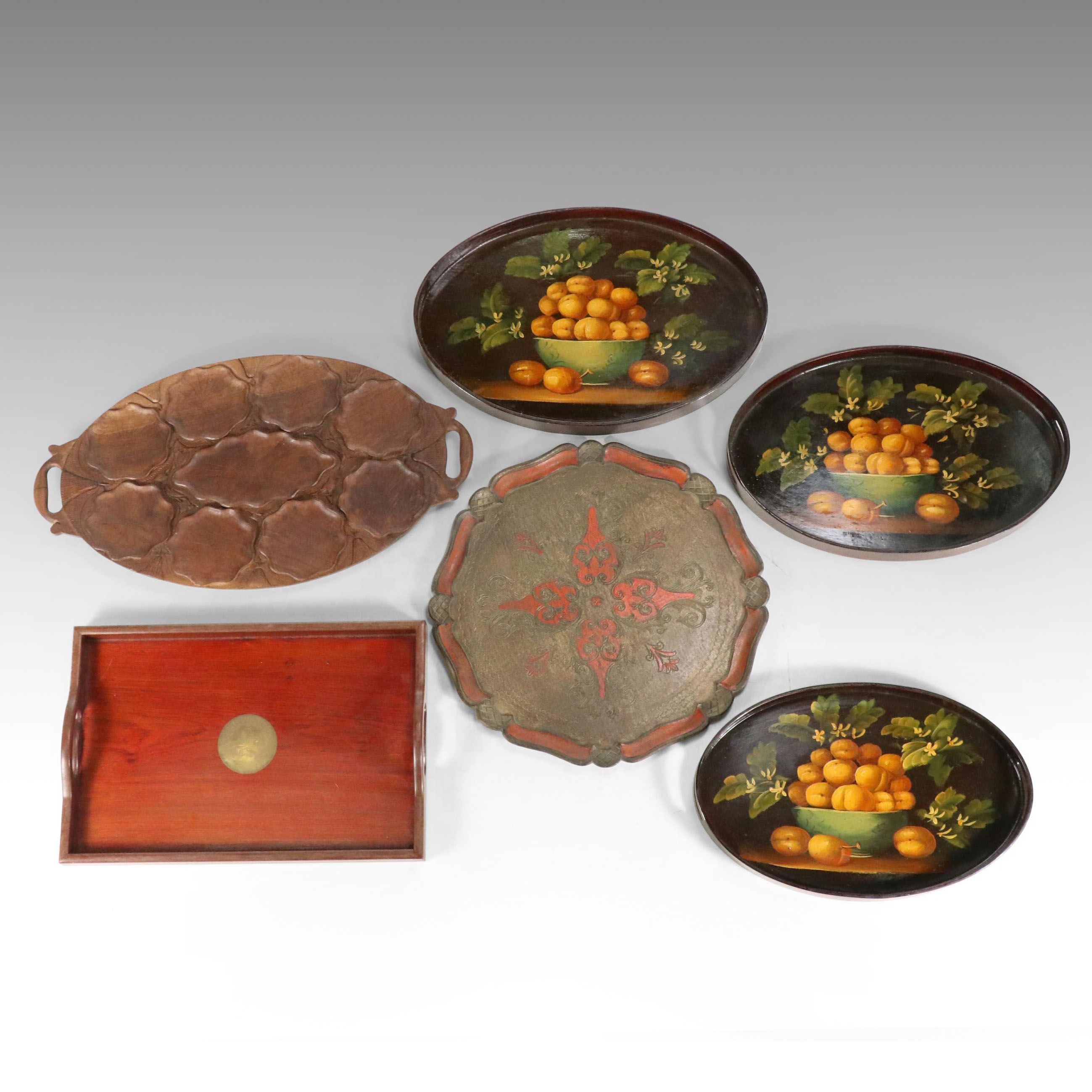 Florentine Toleware Tray with Hand-Painted Lacquerware and Wooden Serving Trays