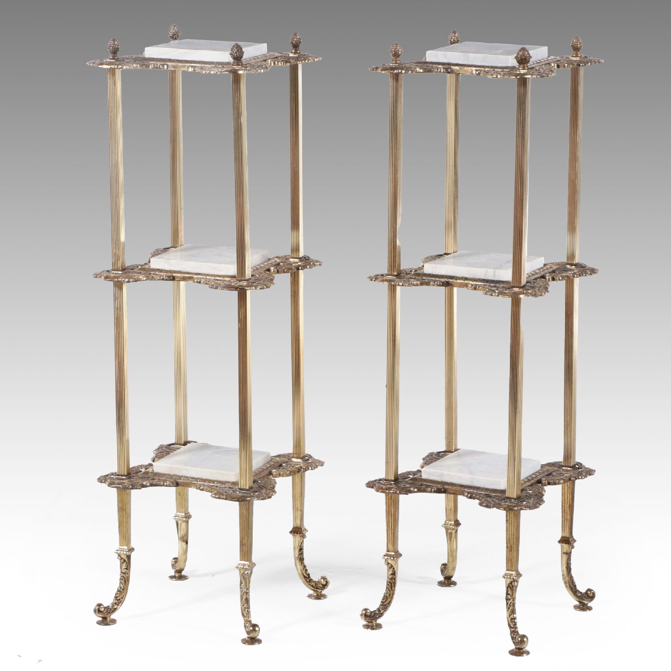 Pair of Victorian Style Three-Tier Brass and Marble Stands, Mid to Late 20th C.