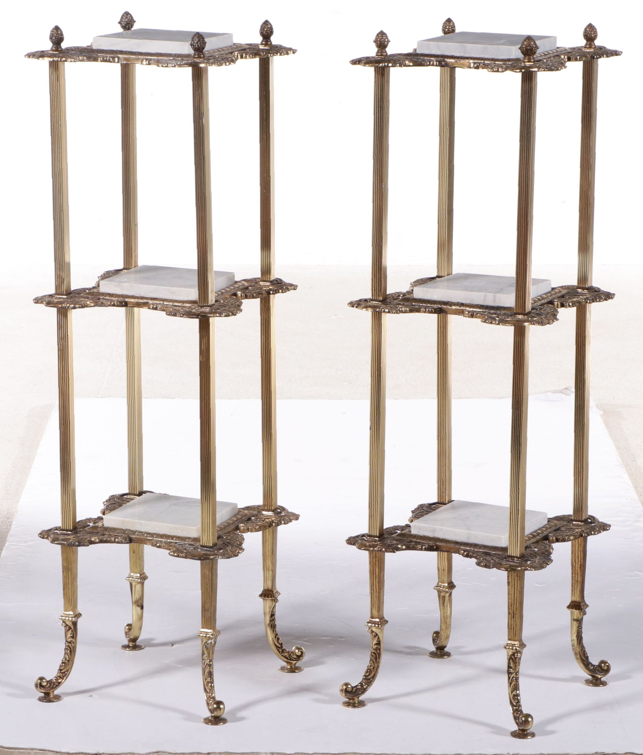 Pair of Victorian Style Three-Tier Brass and Marble Stands, Mid to Late 20th C.