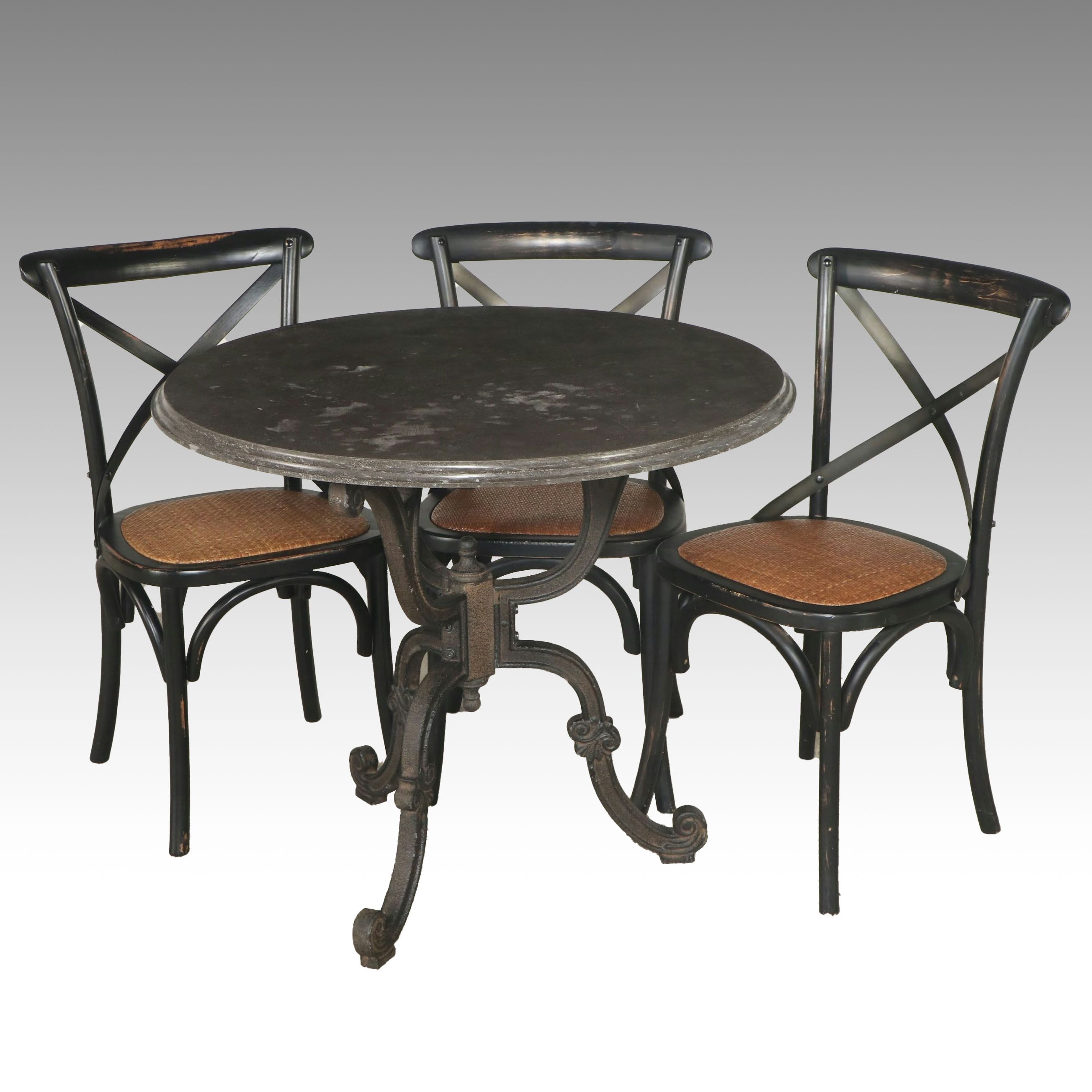 French Style Stone Top Cast Iron Bistro Table with Three Dining Chairs