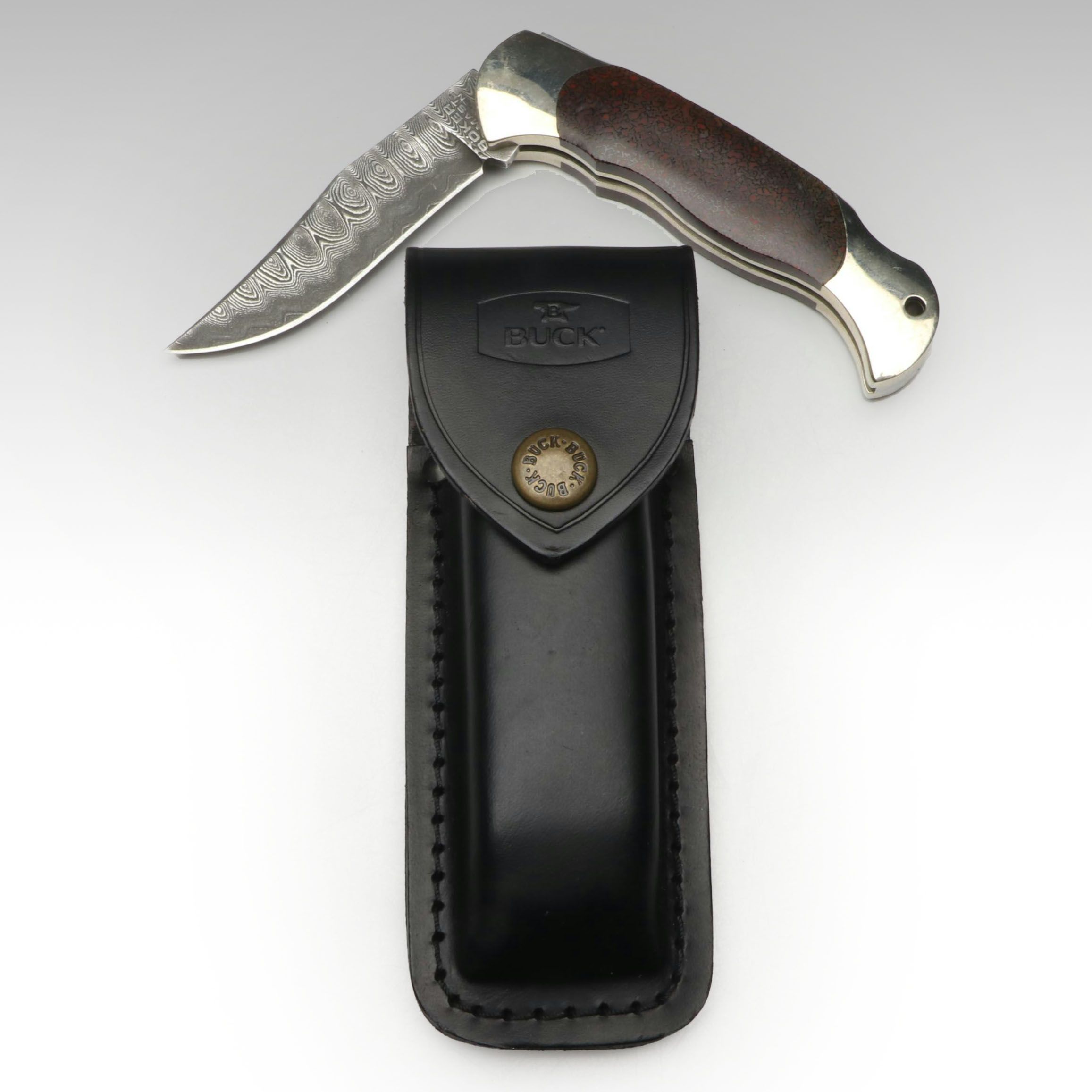 Boker Damascus Steel and Stone Handled Folding Knife in Leather Scabbard