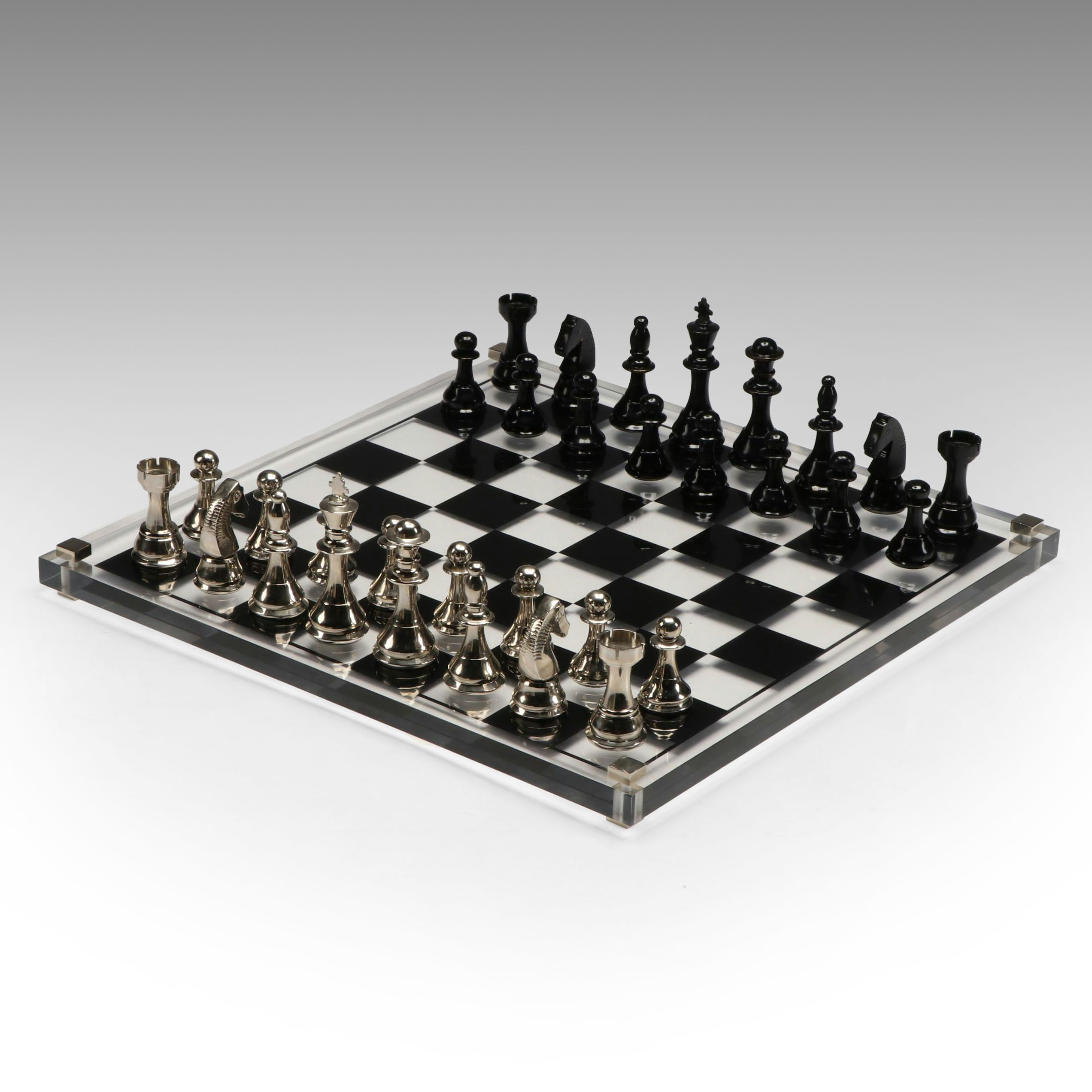 Contemporary Acrylic Chessboard with Metal Pieces