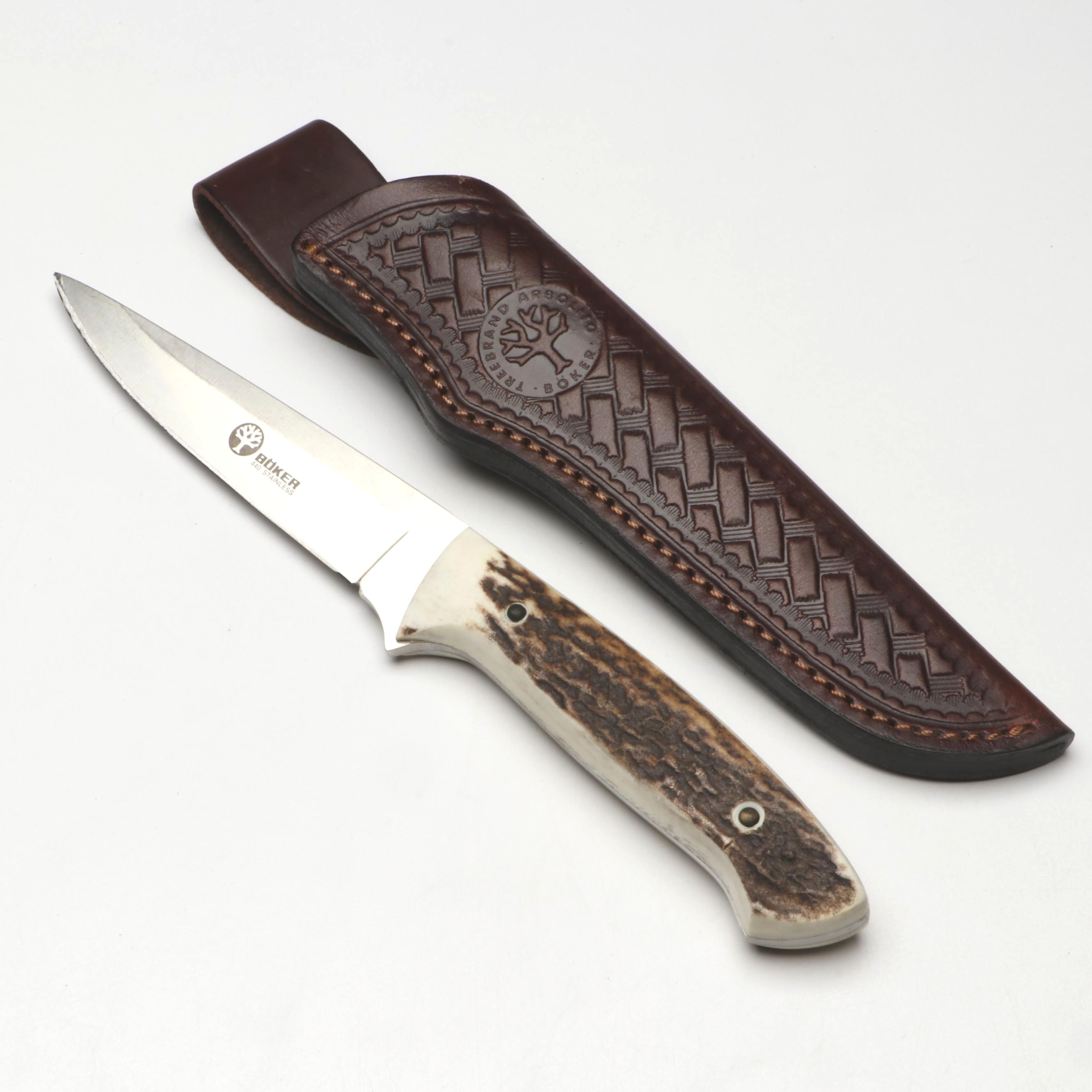 Boker Antler Handled and Stainless Steel Fixed Blade Knife in Leather Scabbard