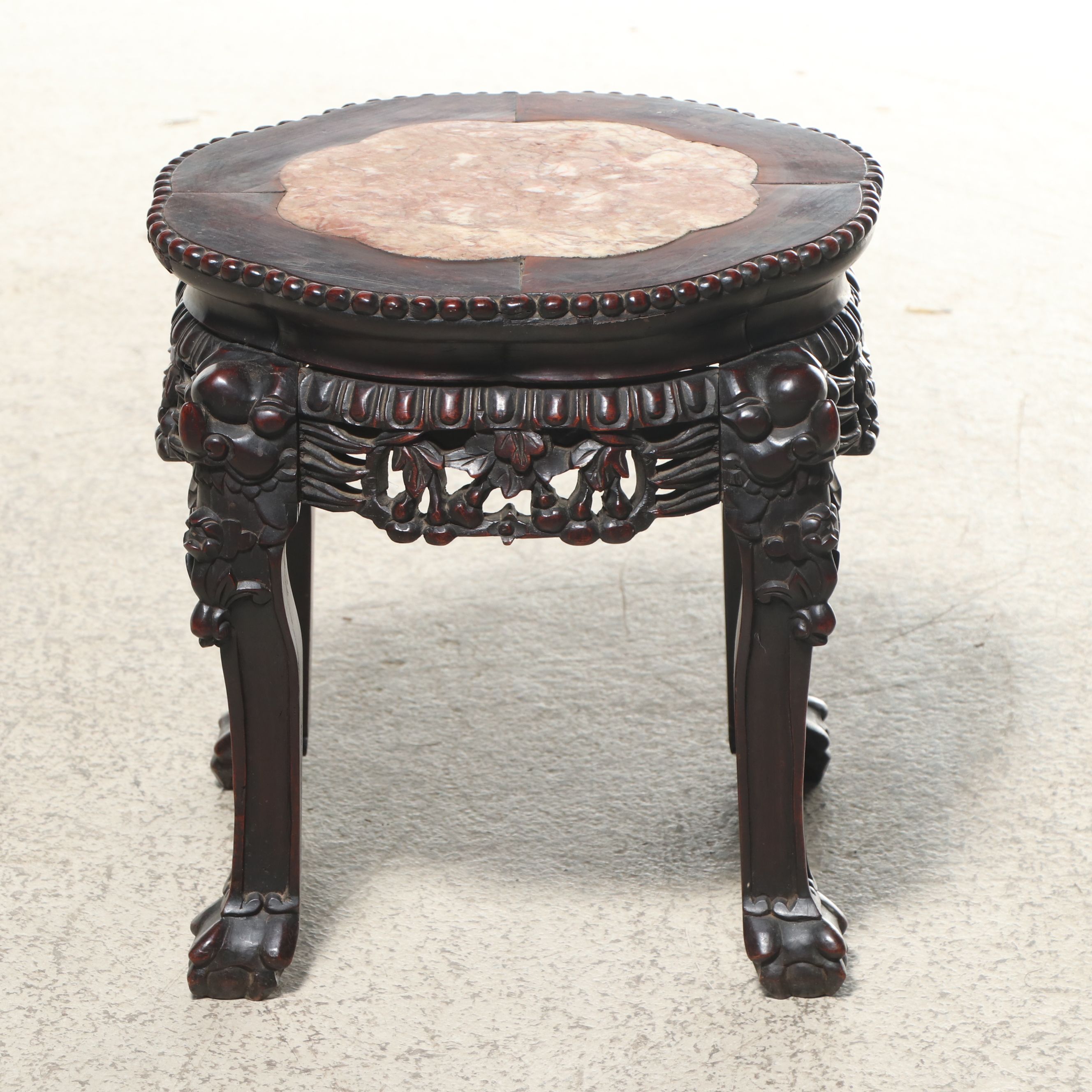 Chinese Qing Dynasty Carved Rosewood Side Table with Inset Pink Marble Top