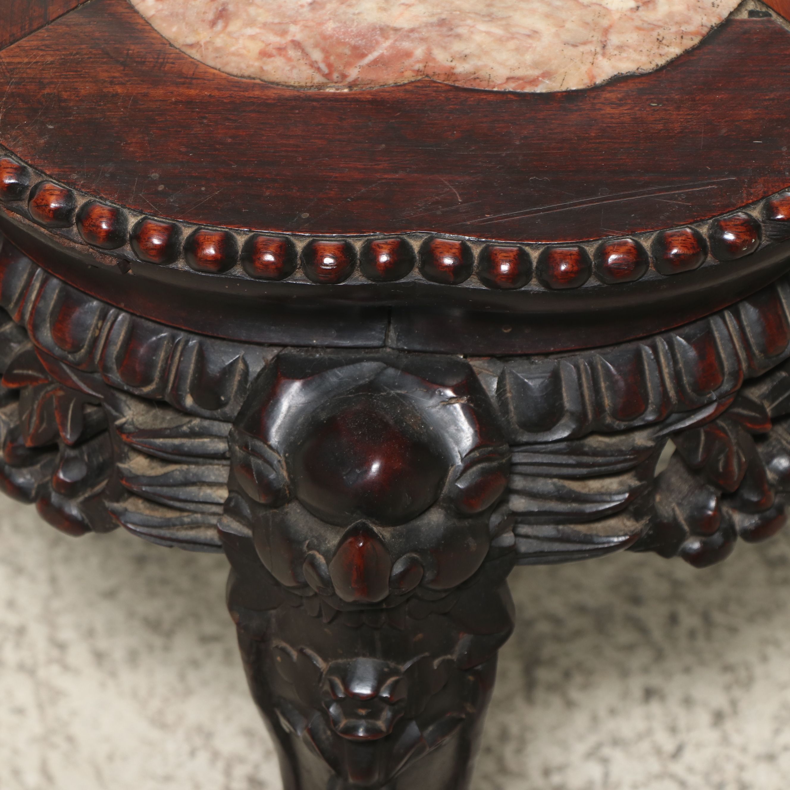 Chinese Qing Dynasty Carved Rosewood Side Table with Inset Pink Marble Top