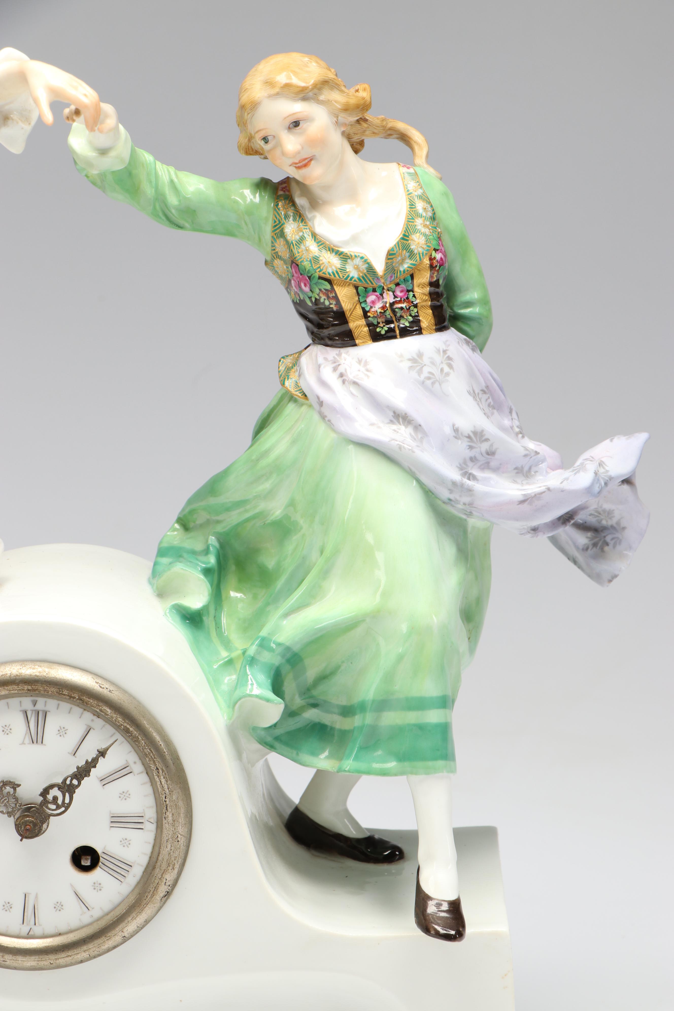 Antique Meissen Porcelain Figural Mantle Clock Designed by Paul Helmig
