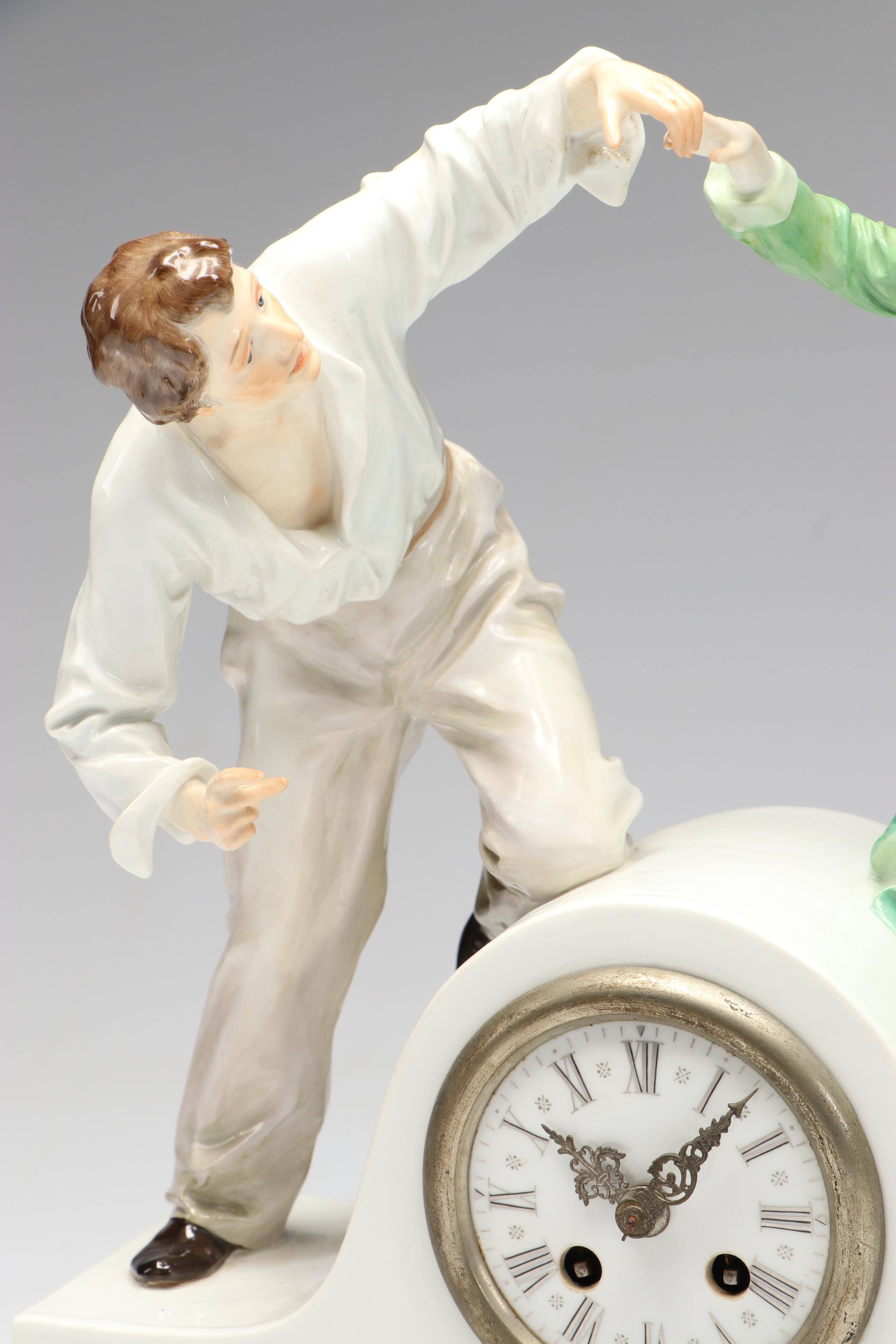 Antique Meissen Porcelain Figural Mantle Clock Designed by Paul Helmig