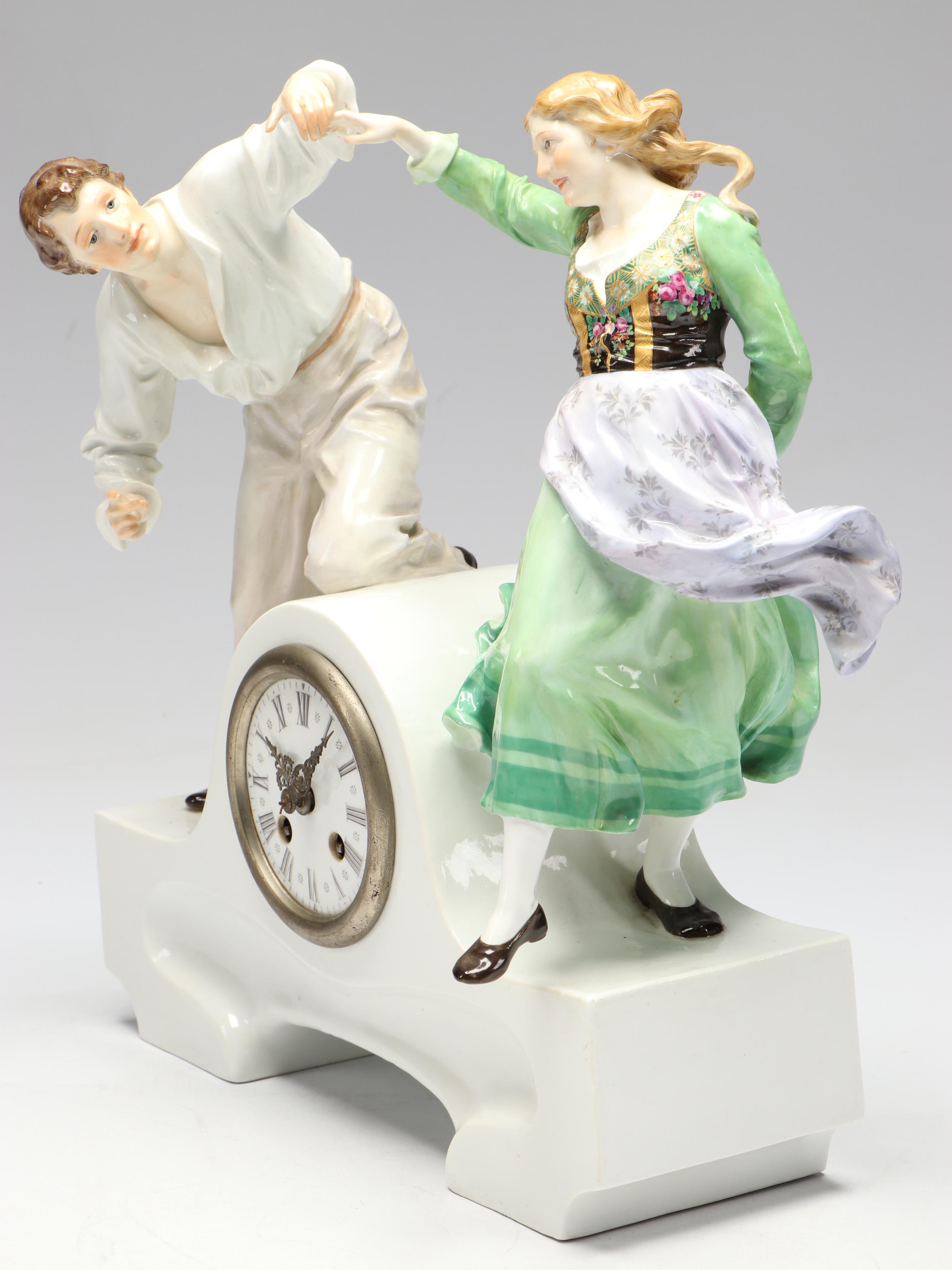 Antique Meissen Porcelain Figural Mantle Clock Designed by Paul Helmig