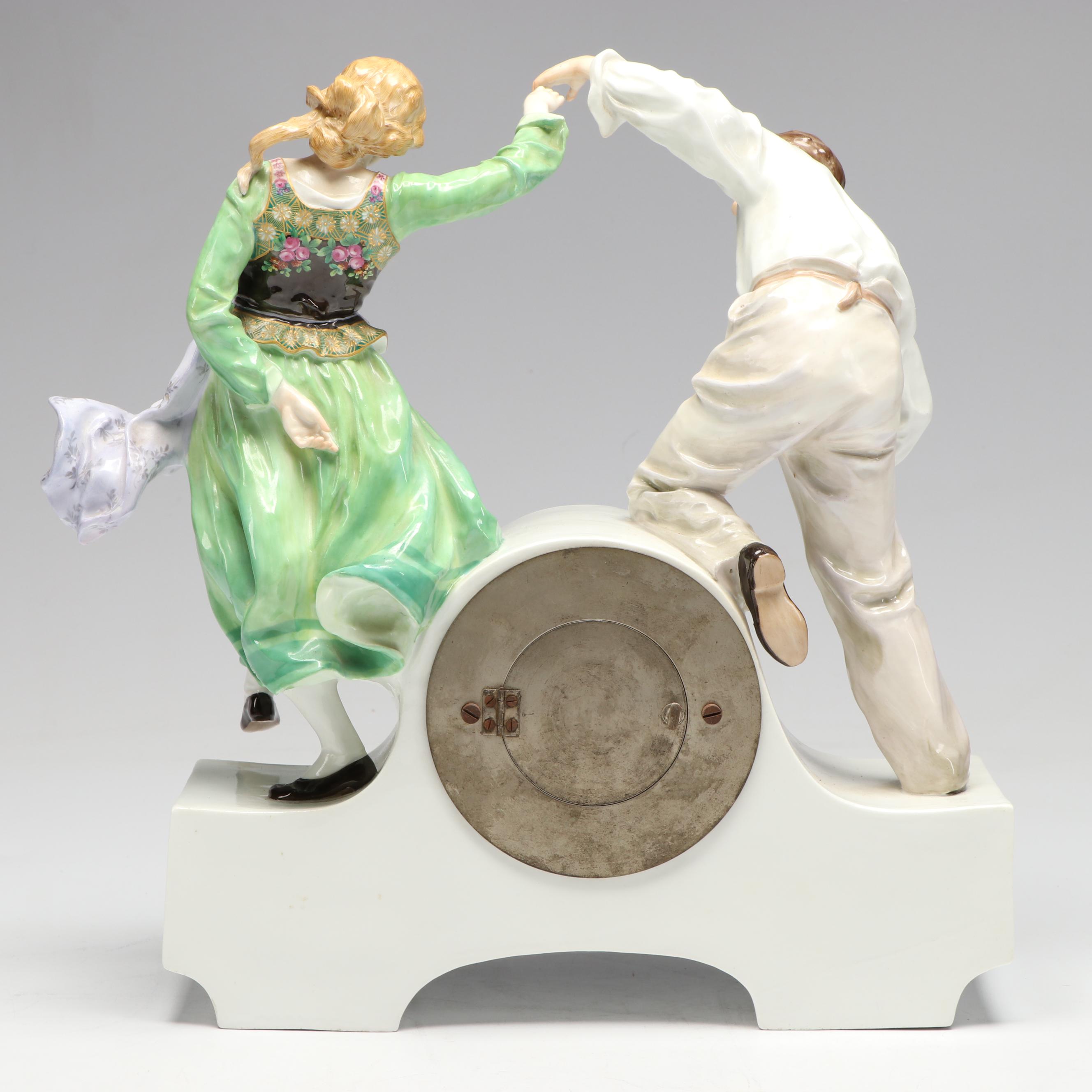 Antique Meissen Porcelain Figural Mantle Clock Designed by Paul Helmig