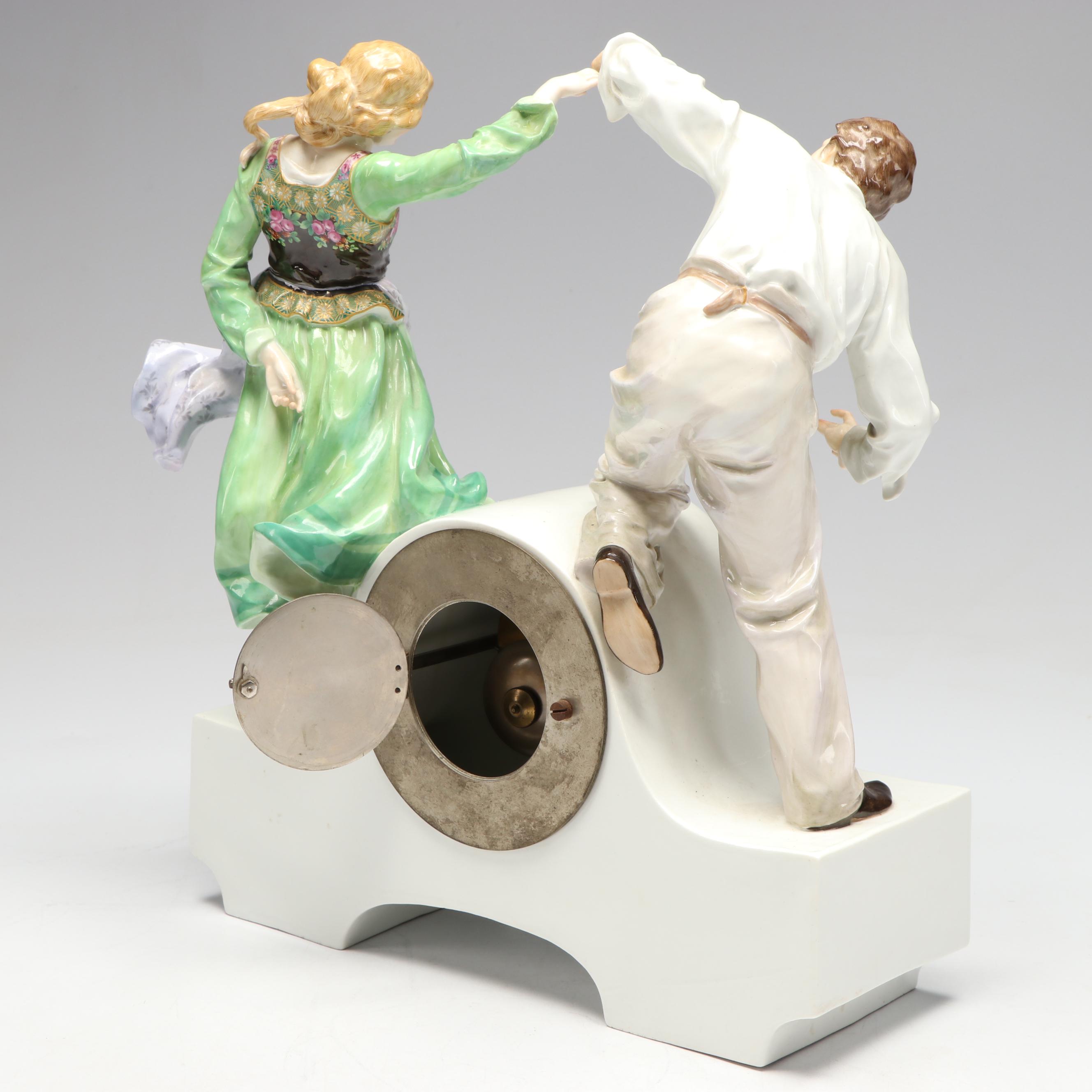 Antique Meissen Porcelain Figural Mantle Clock Designed by Paul Helmig