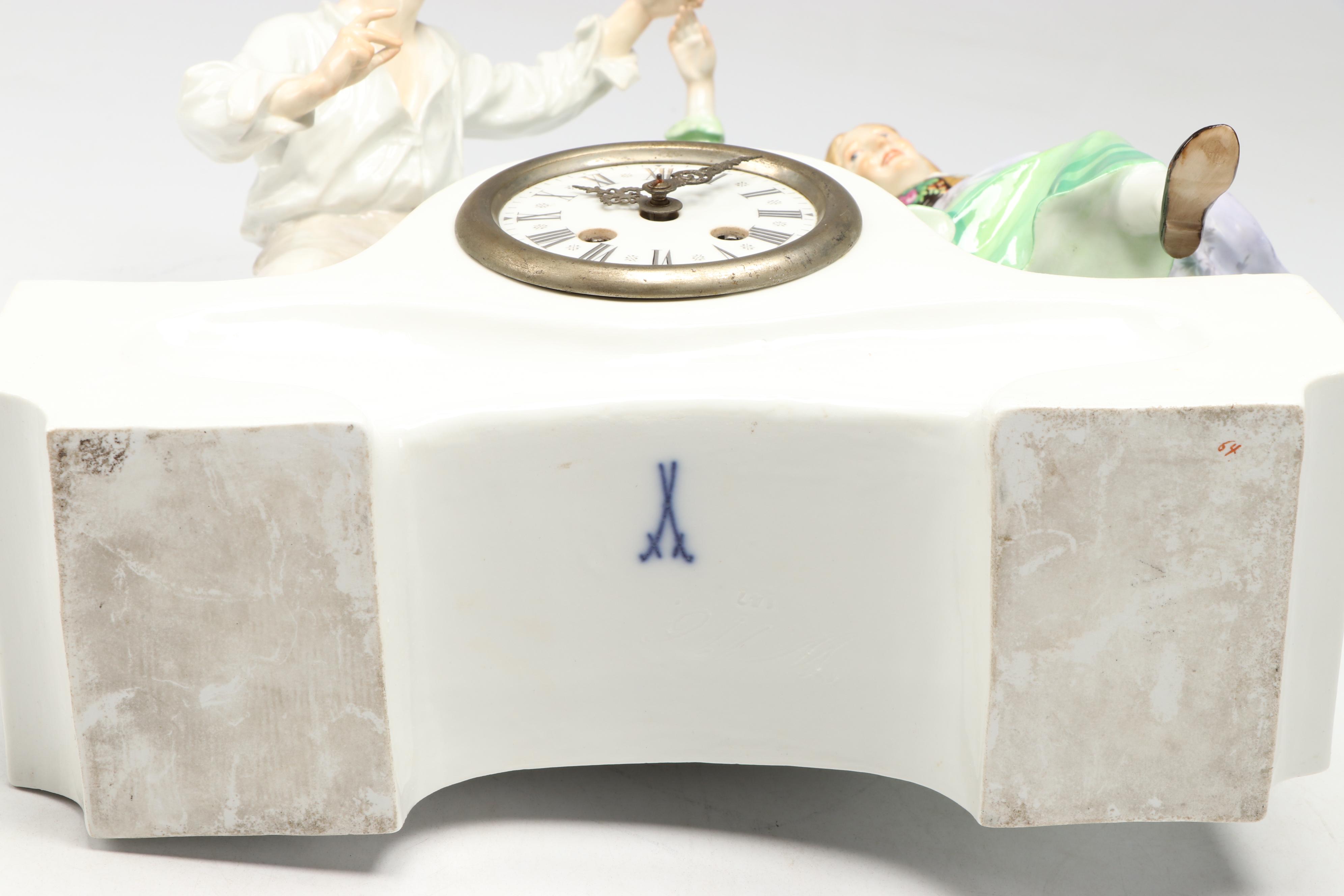 Antique Meissen Porcelain Figural Mantle Clock Designed by Paul Helmig