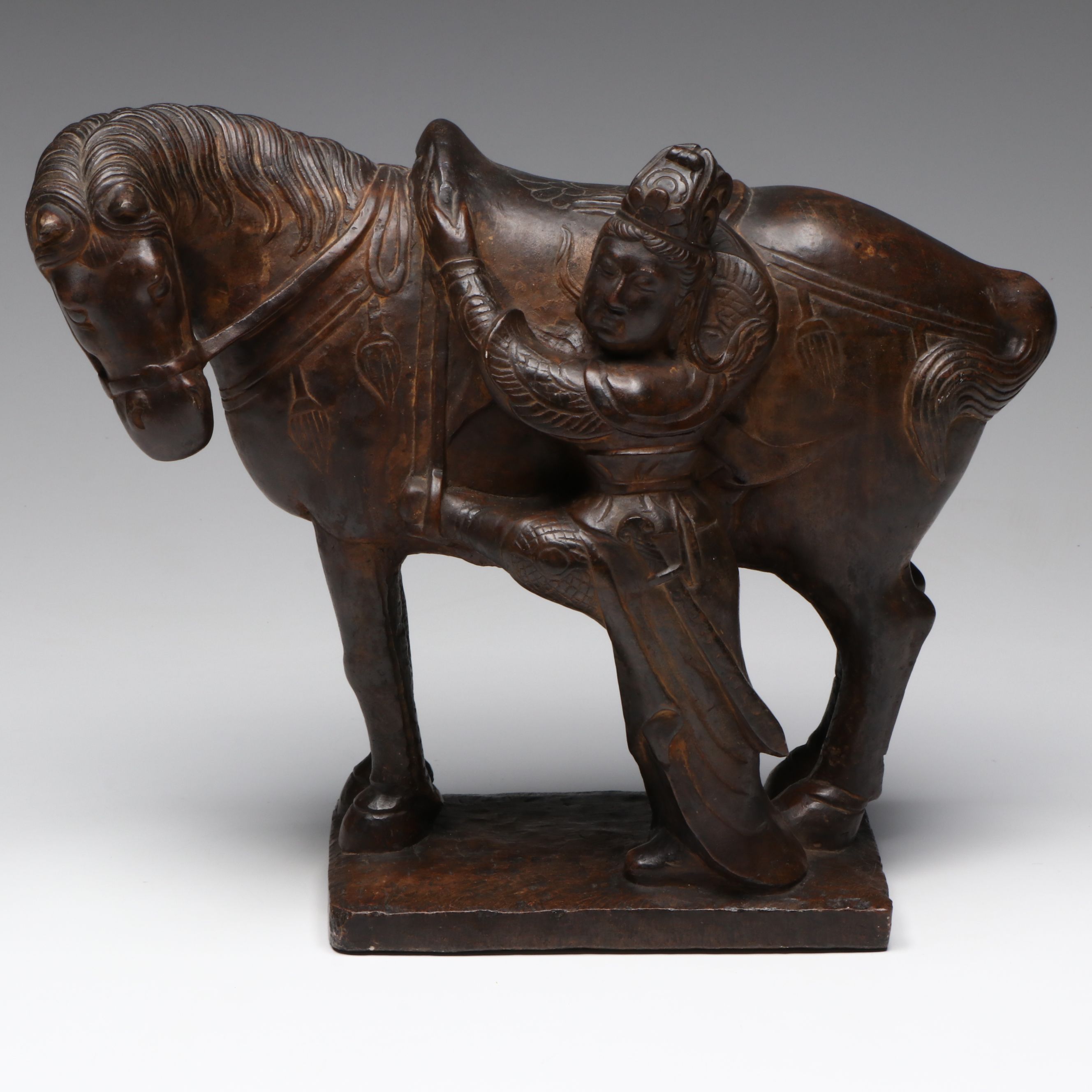 Chinese Soldier Mounting Horse Carved Stone Sculpture