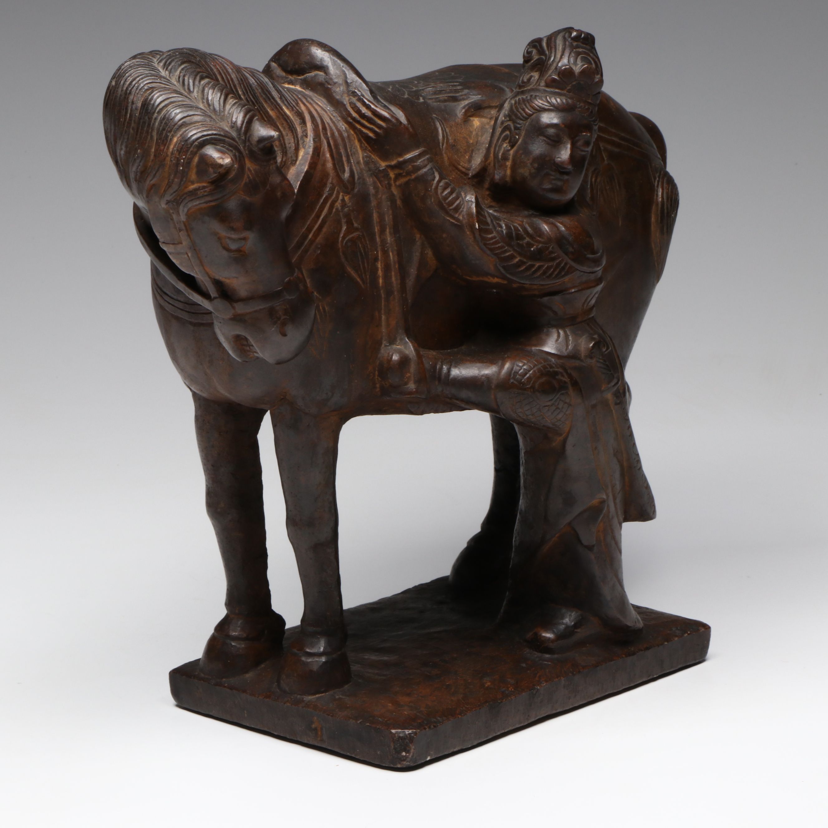 Chinese Soldier Mounting Horse Carved Stone Sculpture