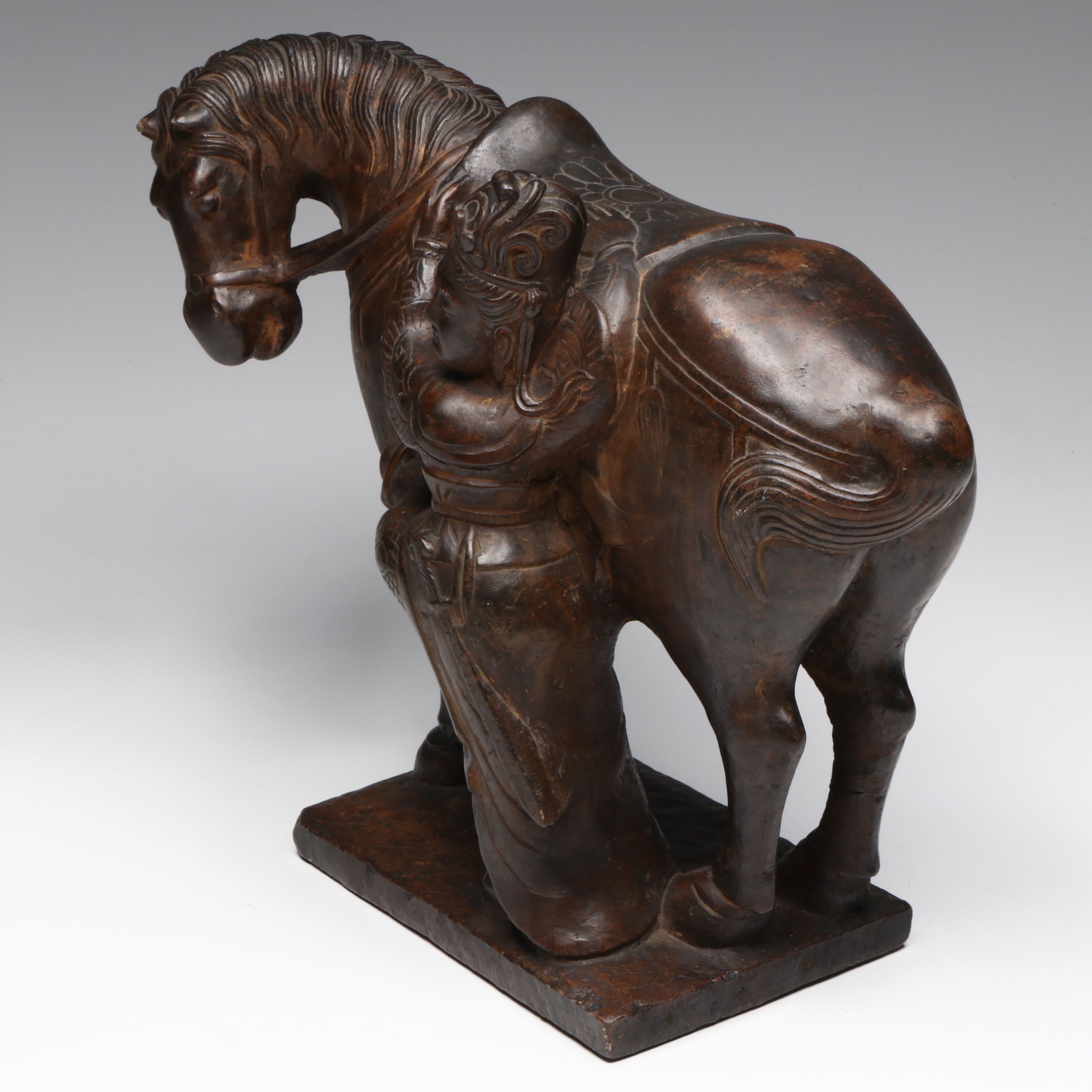 Chinese Soldier Mounting Horse Carved Stone Sculpture