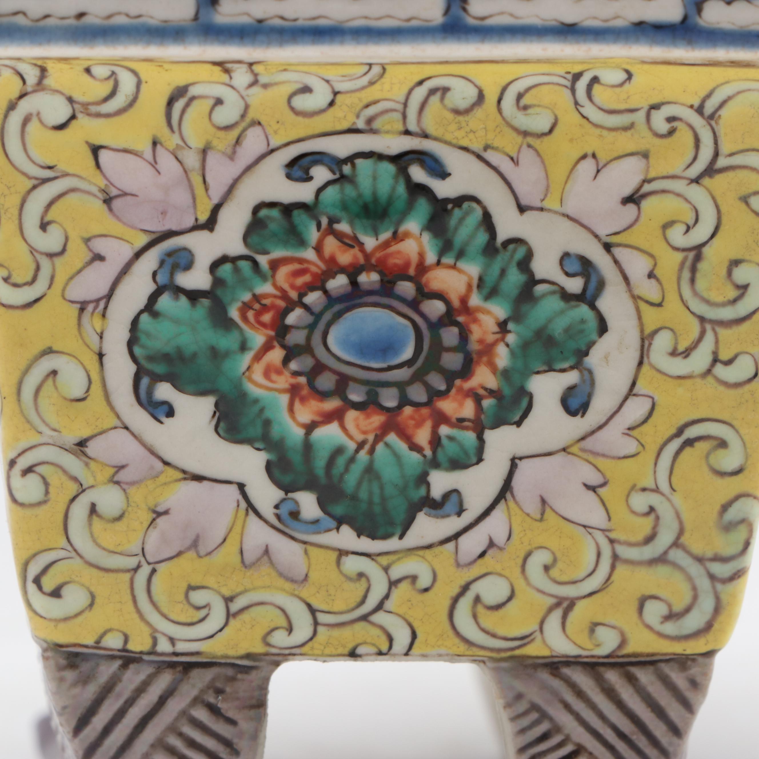 Qing Dynasty Famille Jaune Guardian Lion Porcelain Incense Burner