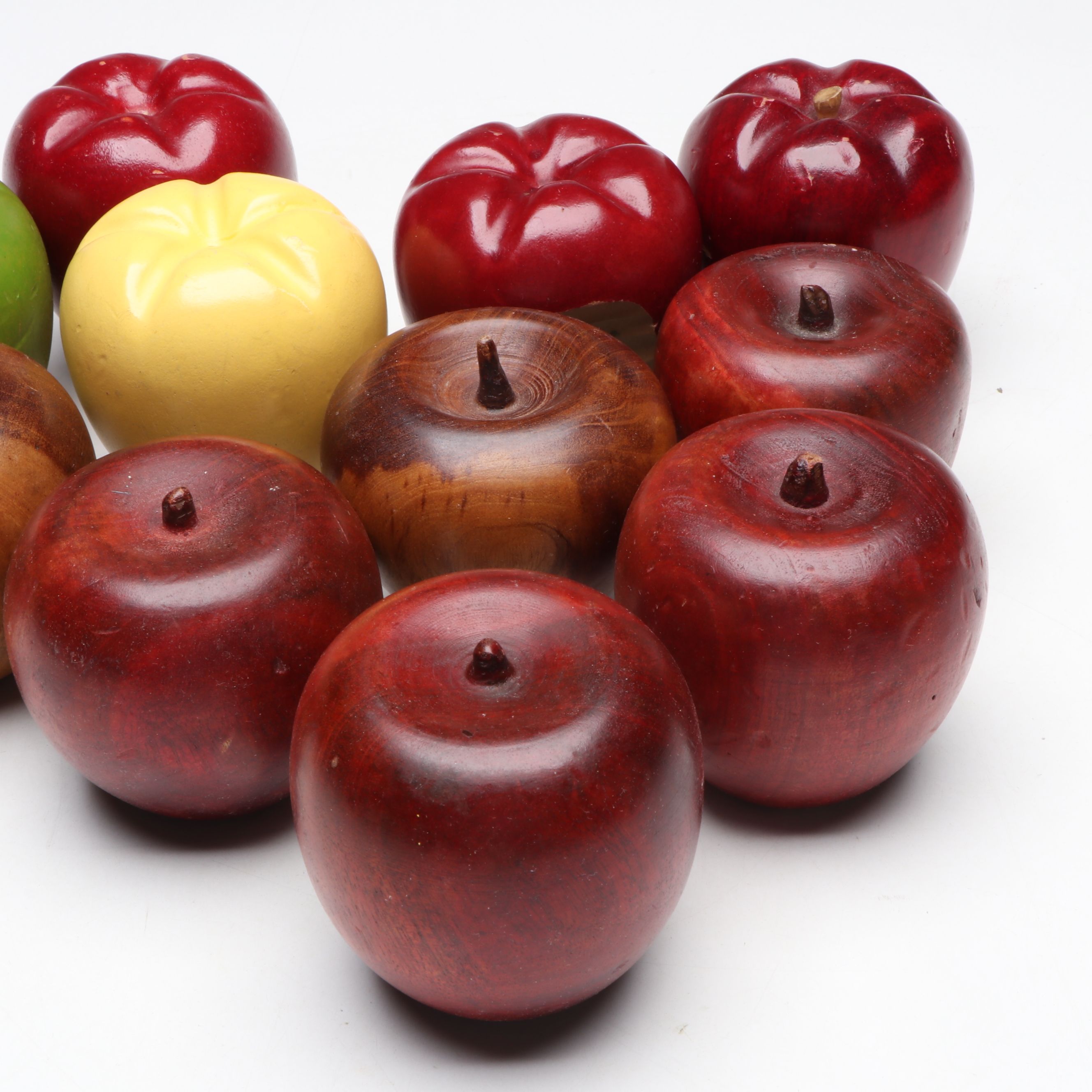Carved and Hand-Painted Wooden Apples with Ceramic Vase
