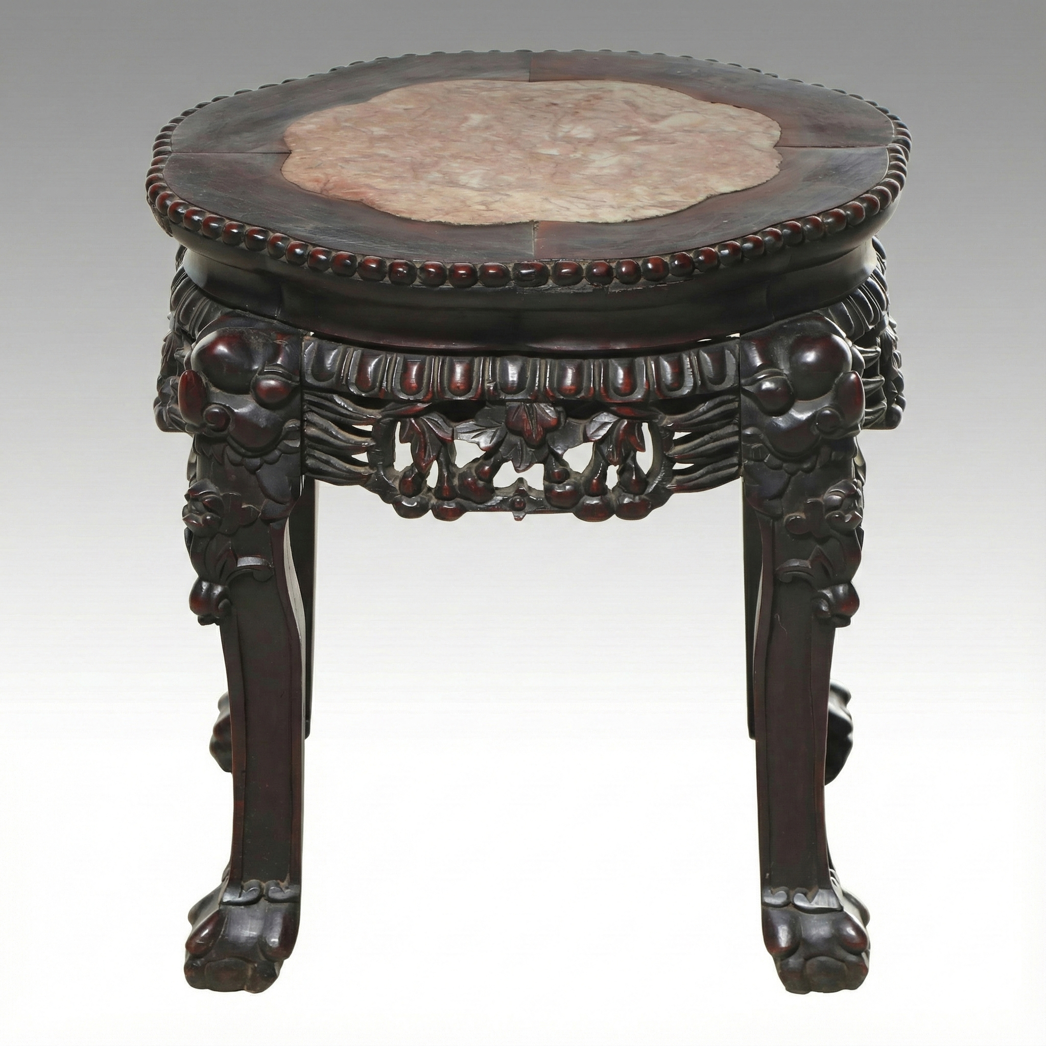 Chinese Qing Dynasty Carved Rosewood Side Table with Inset Pink Marble Top