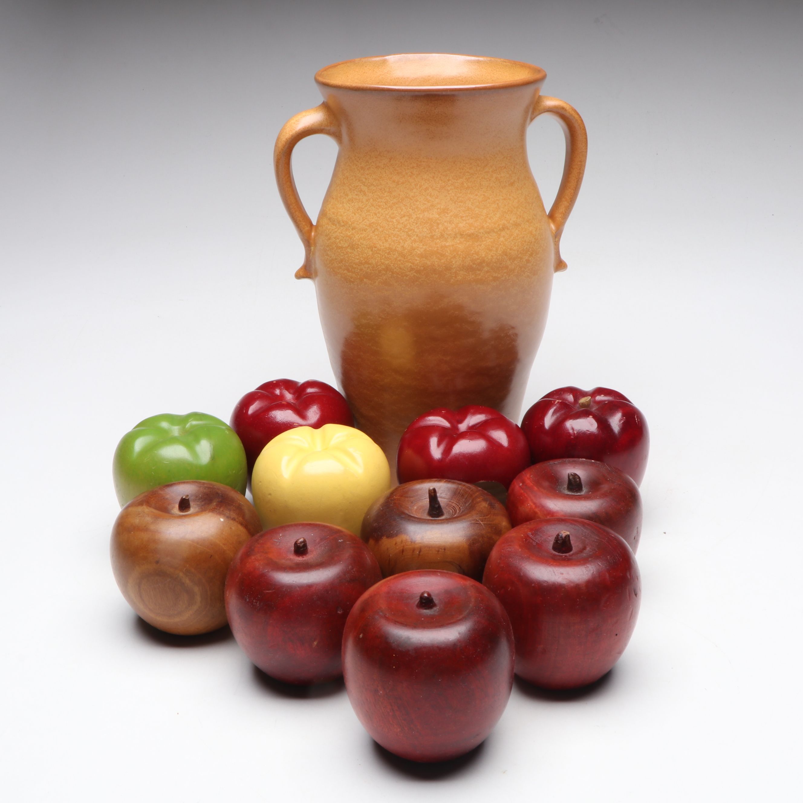 Carved and Hand-Painted Wooden Apples with Ceramic Vase