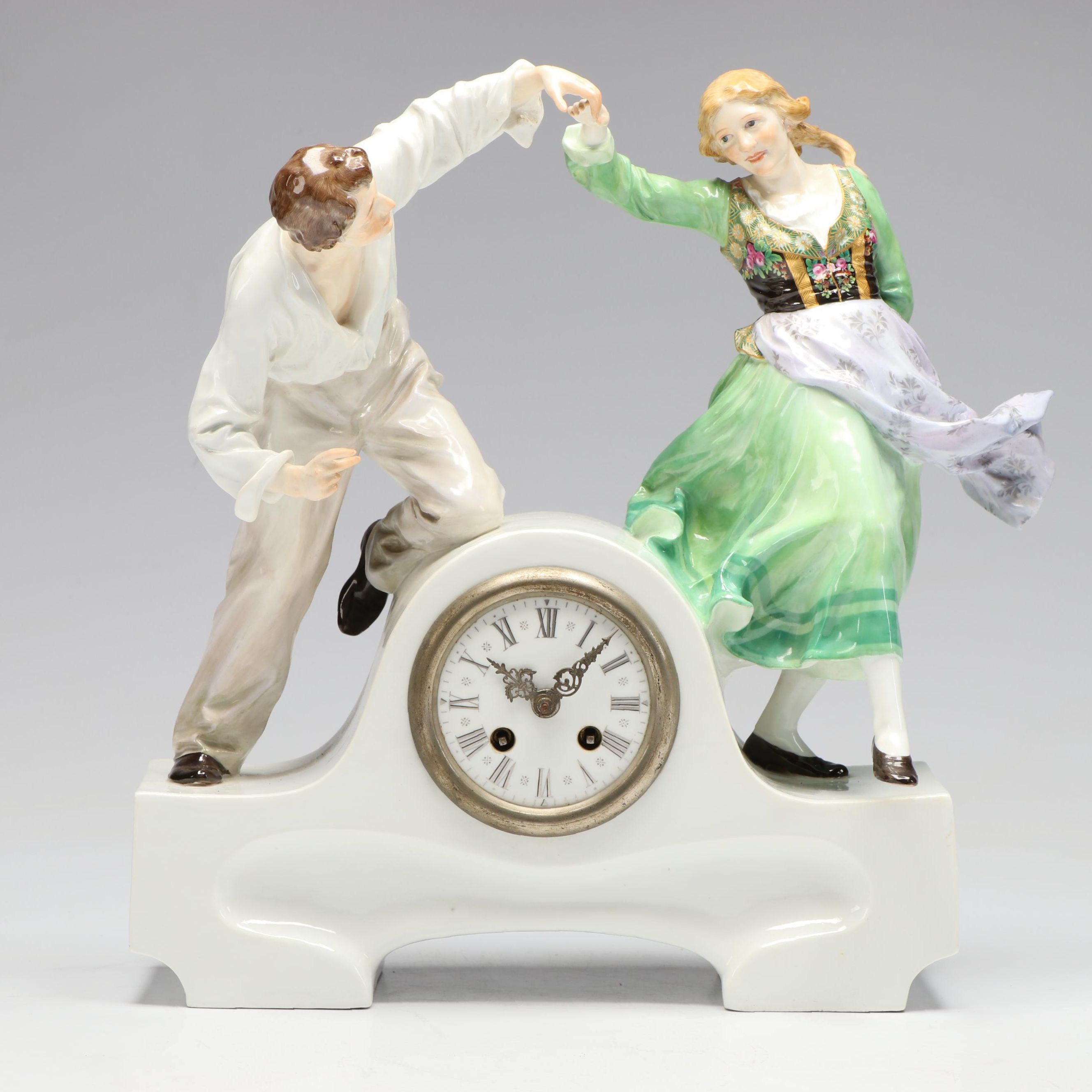 Antique Meissen Porcelain Figural Mantle Clock Designed by Paul Helmig