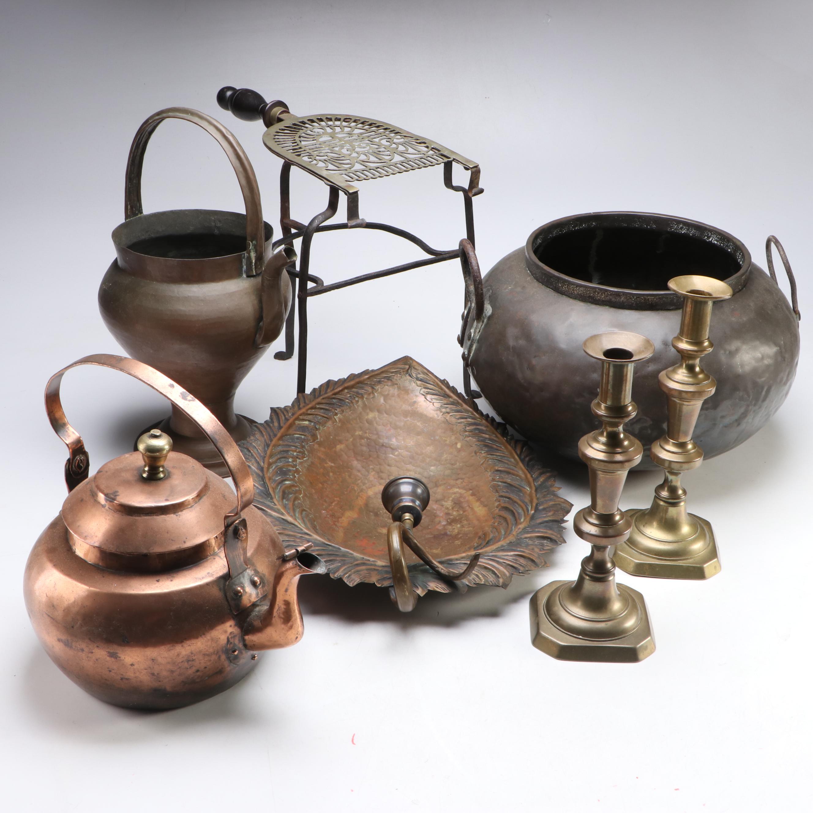 English Brass Candlesticks with Kettle and More, 18th to 19th Century
